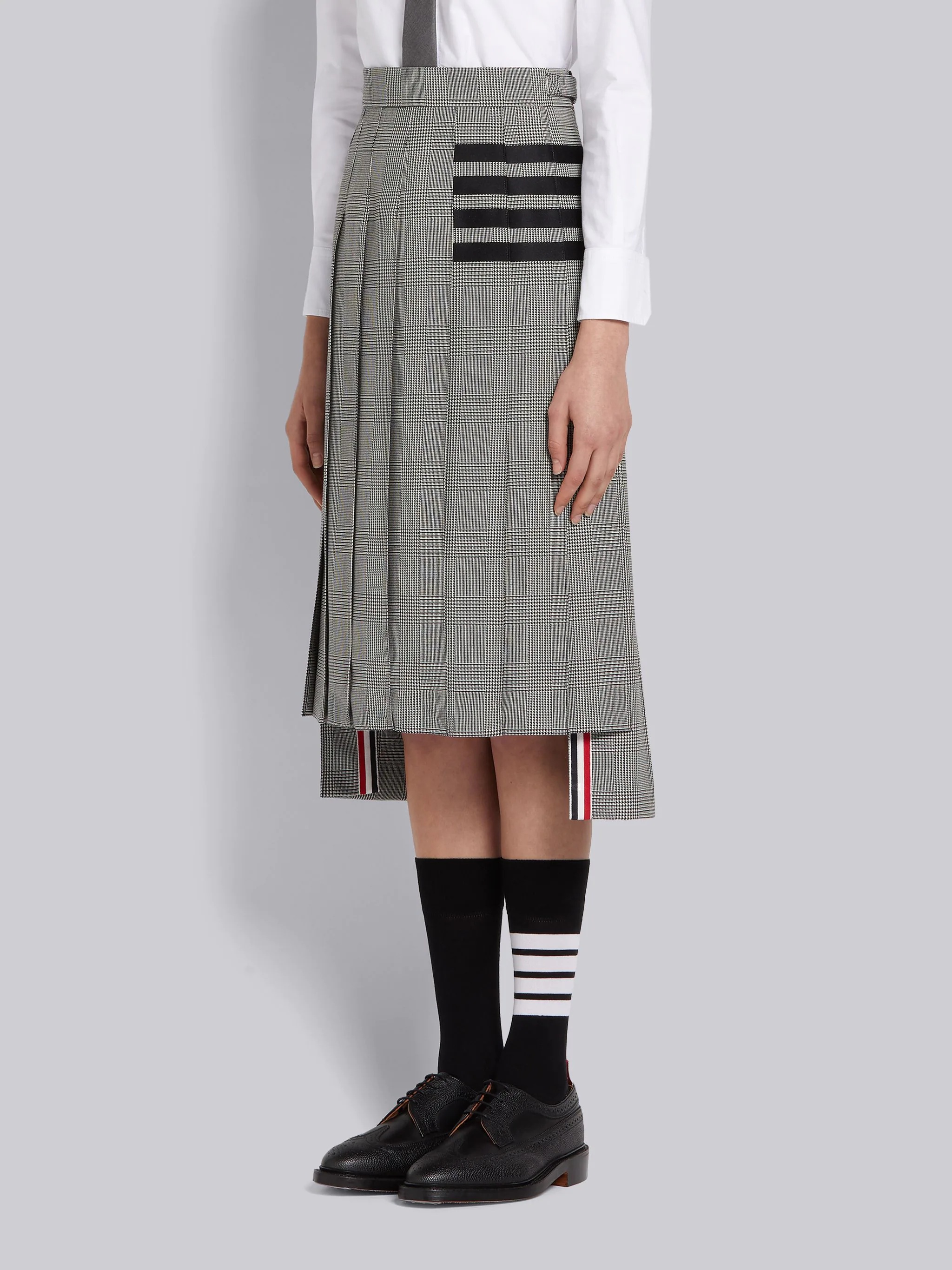 Black and White Heavy Wool Engineered 4-bar Dropped Back Pleated Below-the-knee Skirt - 2