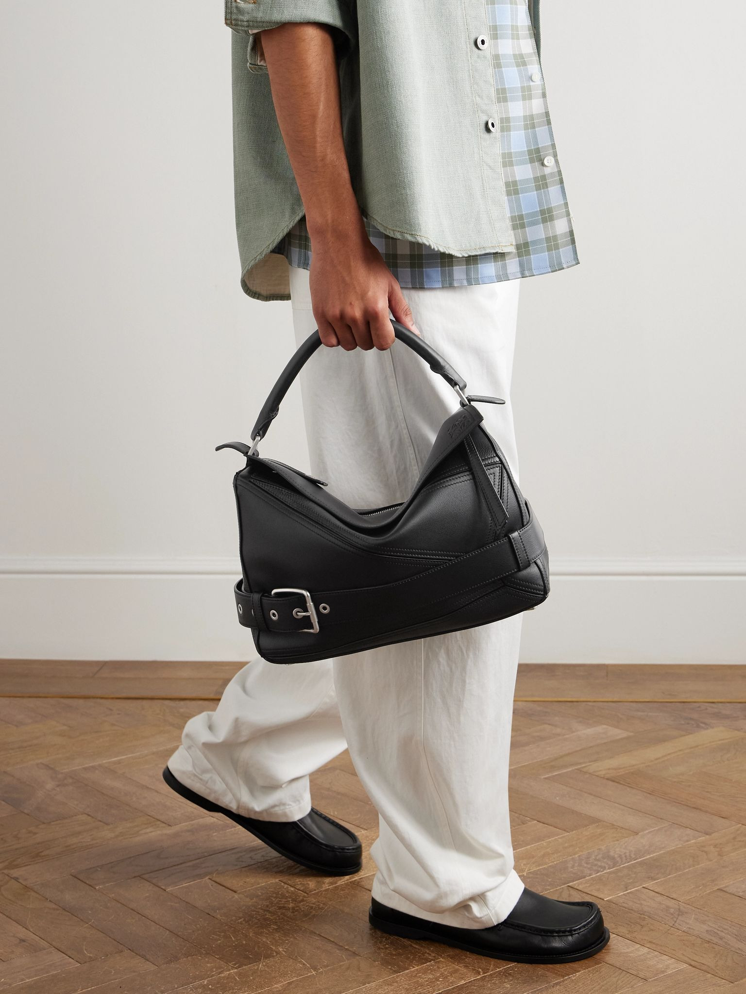 Puzzle Biker Large Buckled Leather Messenger Bag Black - 2