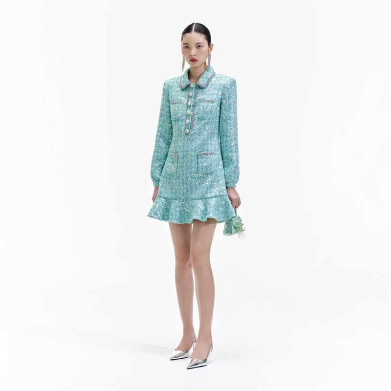 self-portrait Blue Boucle Collared Mini Dress - RS24-904S-G | REVERSIBLE