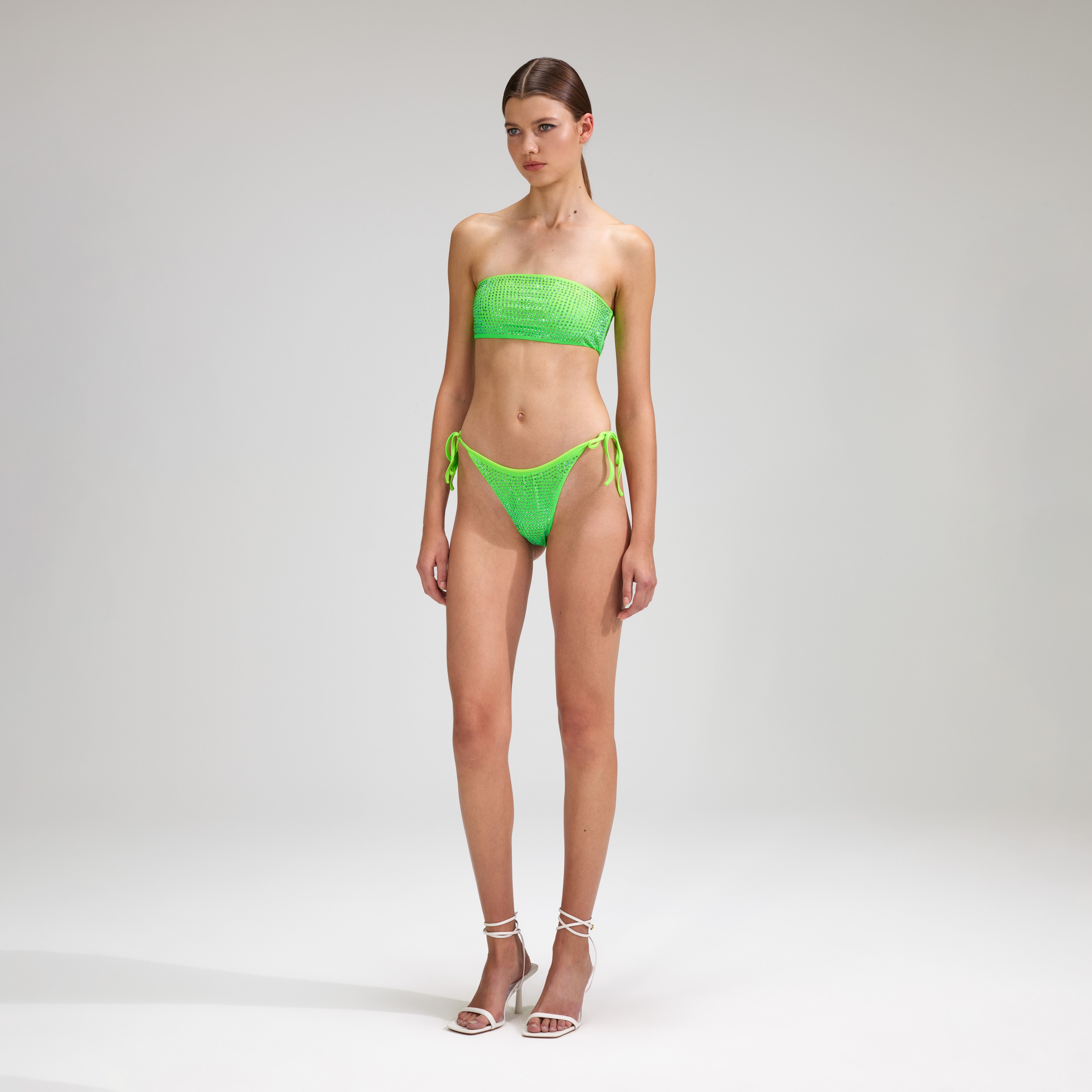 Green Rhinestone Tie Side Bikini Brief - 2