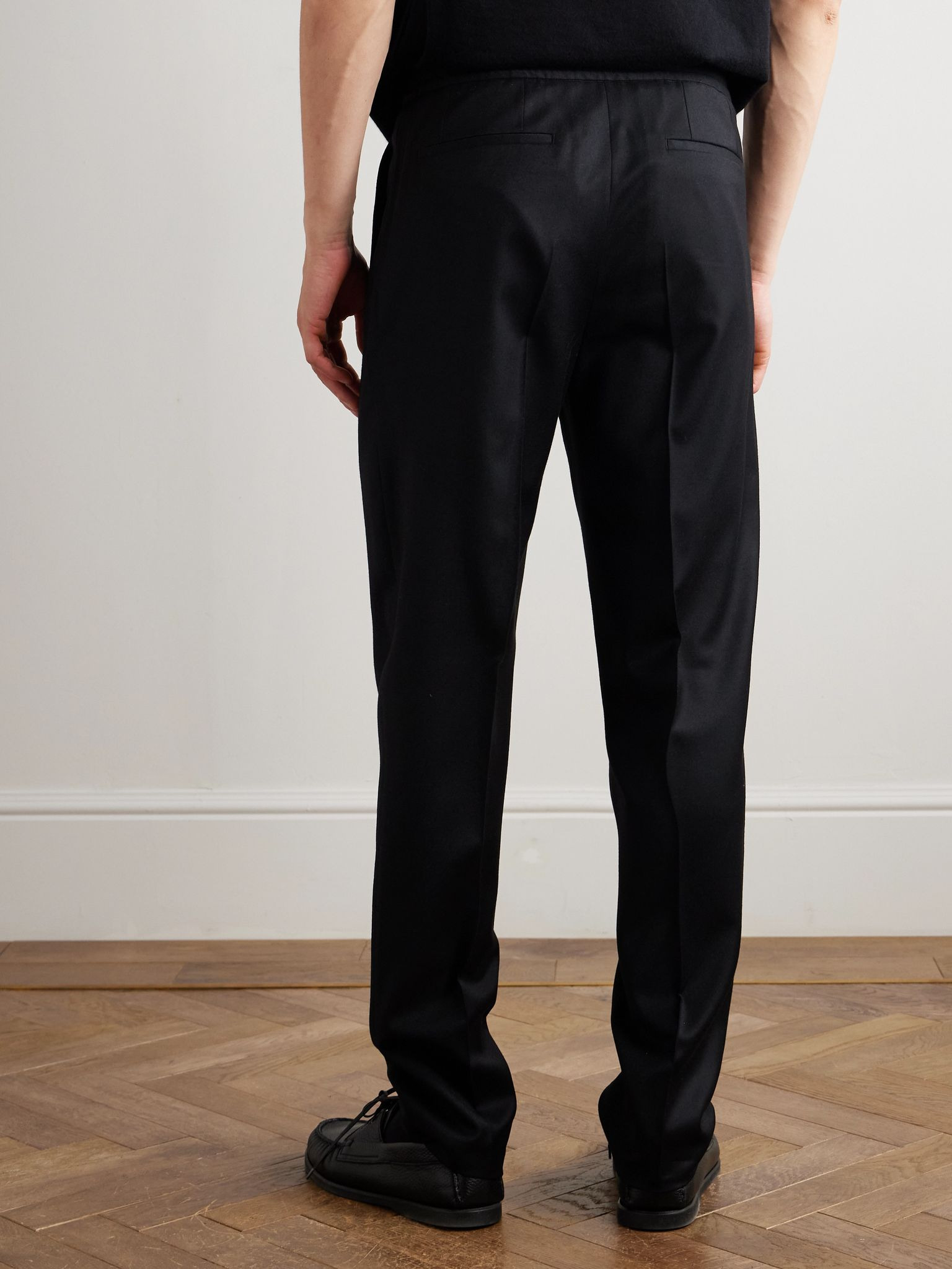 Straight-Leg Pleated Stretch Virgin Wool and Cashmere-Blend Drawstring Trousers Black - 3
