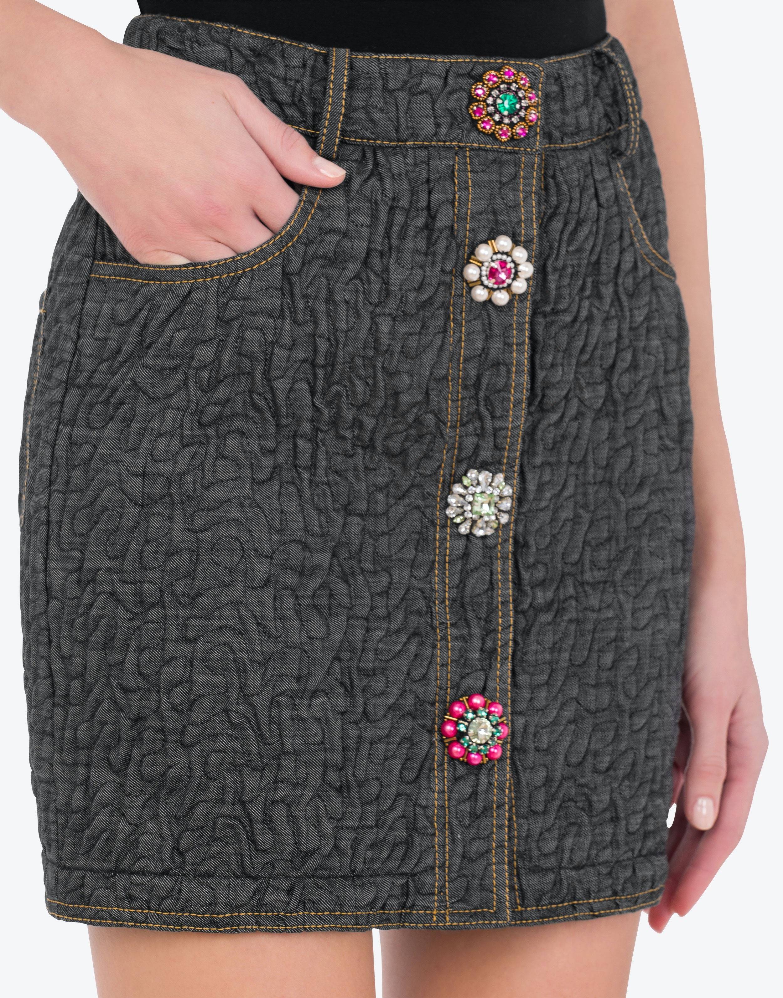 JEWEL BUTTONS BLACK DENIM MINISKIRT - 4