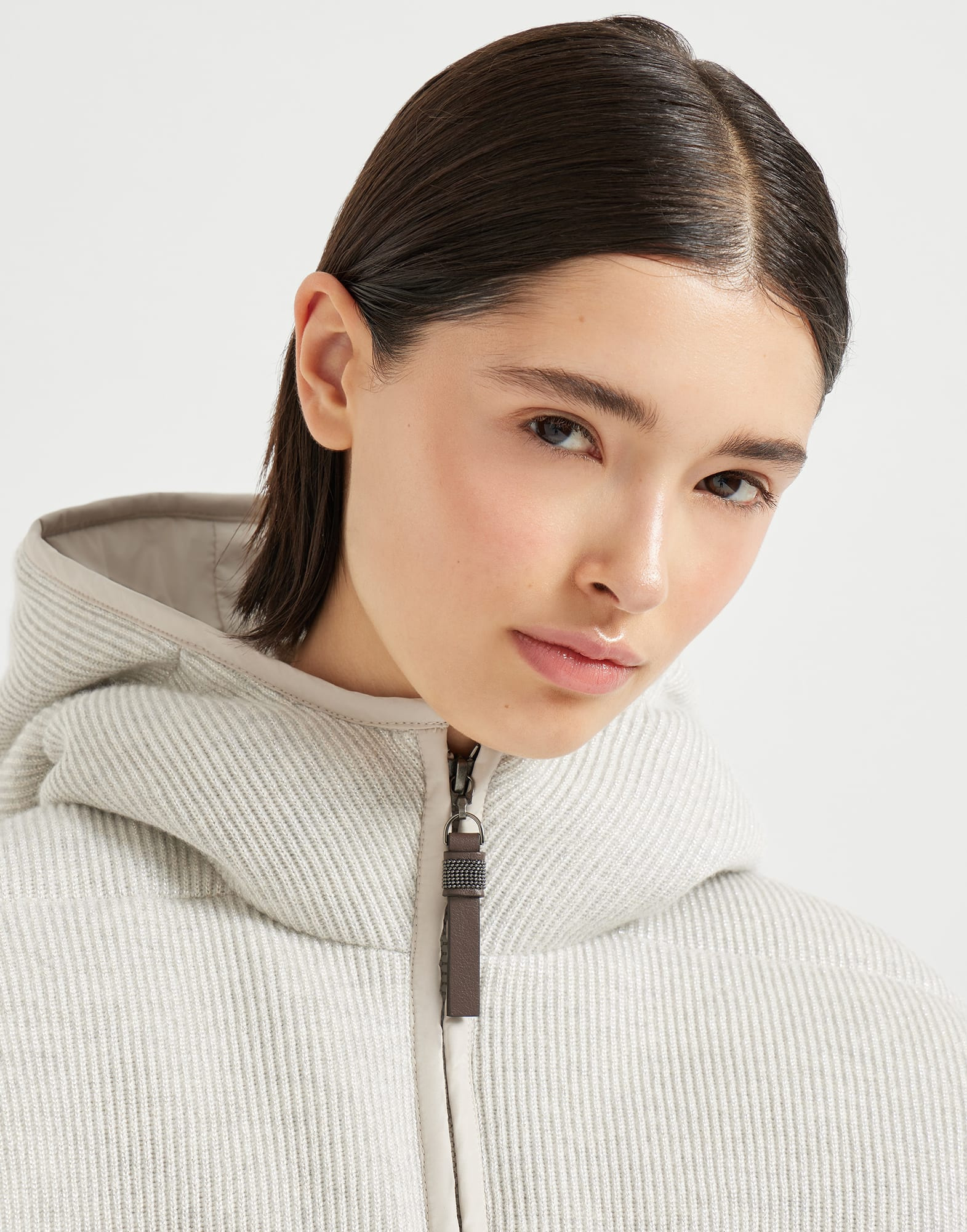 Sparkling cashmere English rib knit hooded down jacket with shiny zipper pull - 3