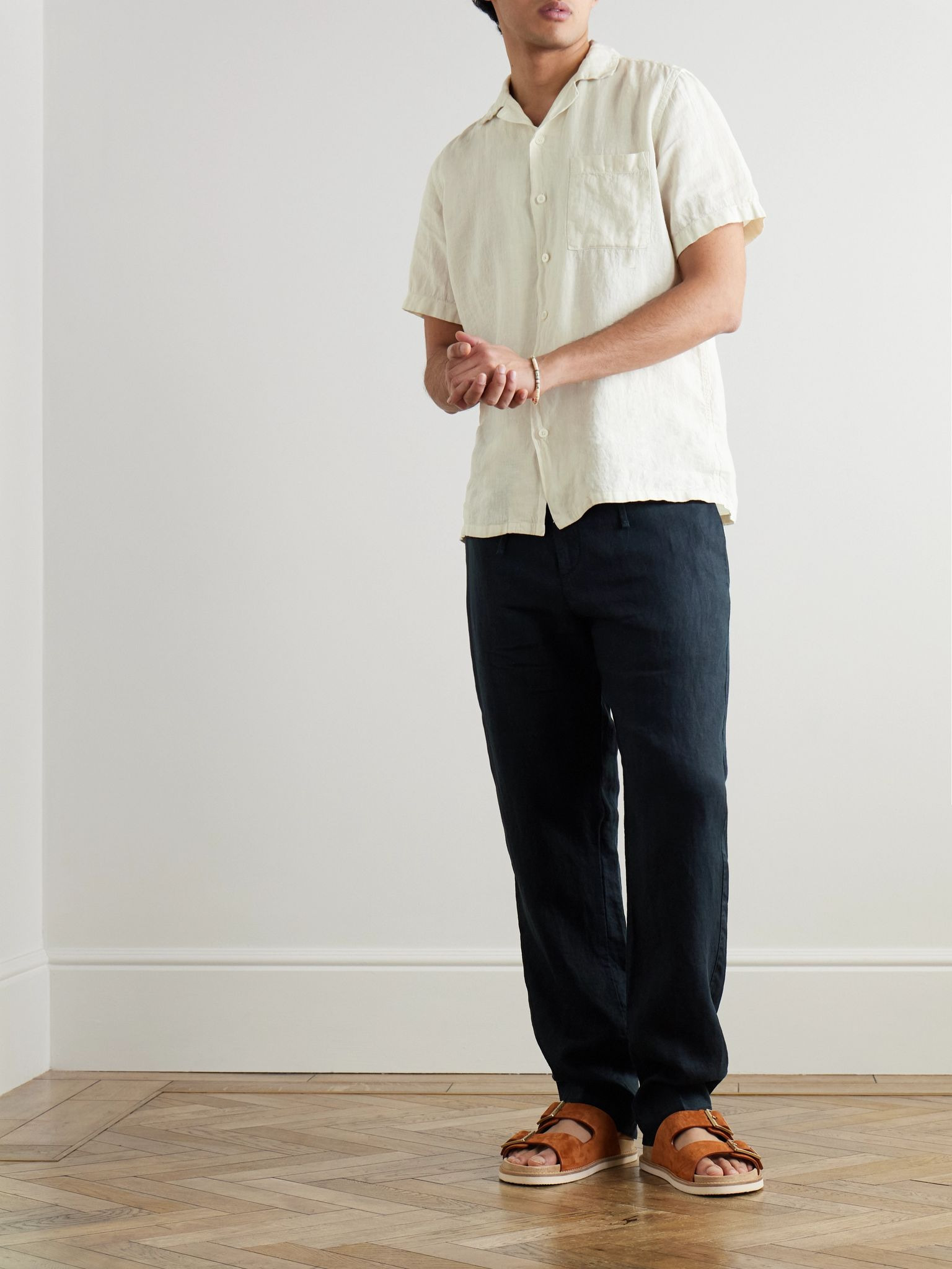 Tapered Linen Drawstring Trousers Navy - 2