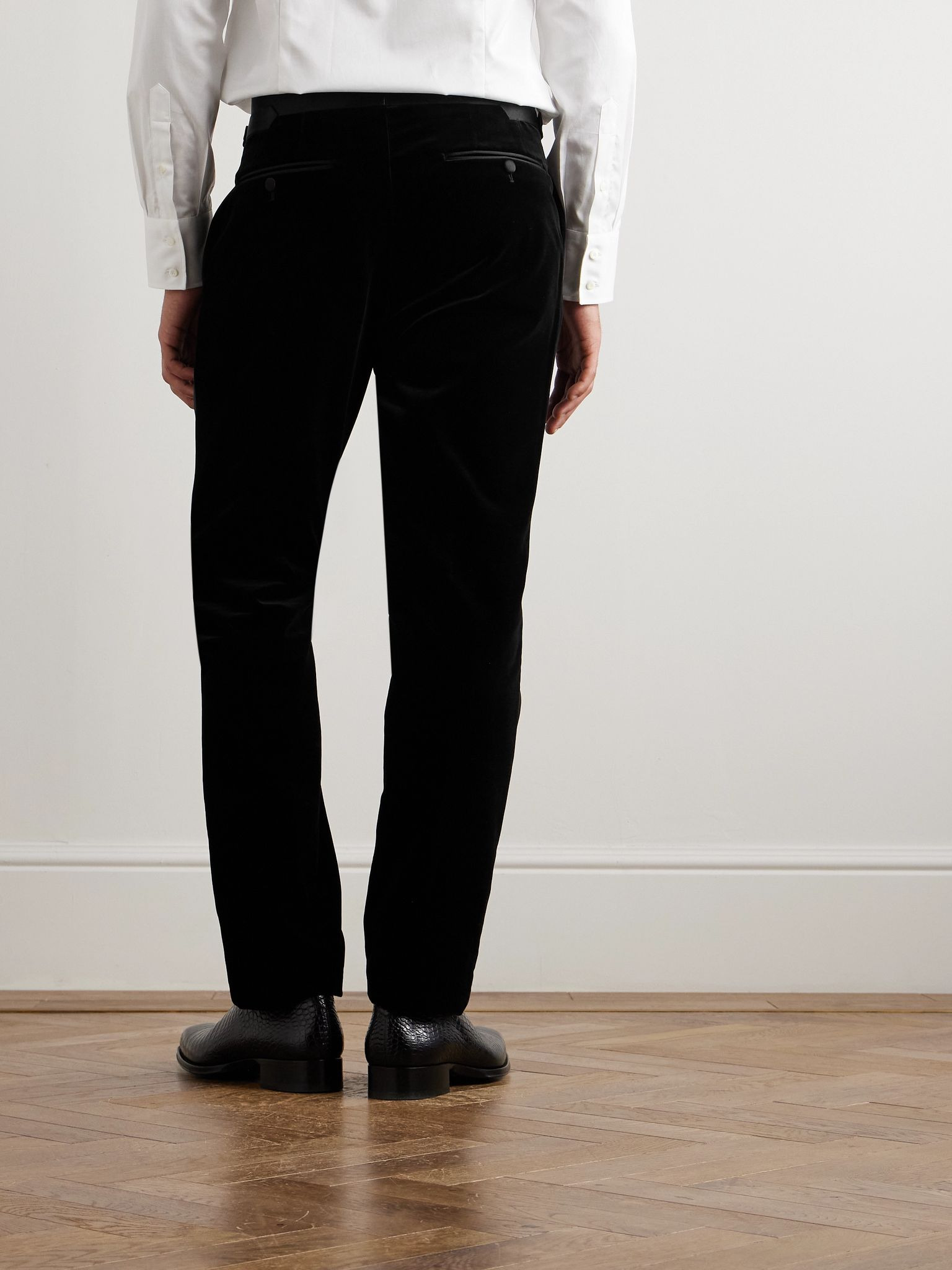 Straight-Leg Satin-Trimmed Velvet Tuxedo Trousers Black - 4
