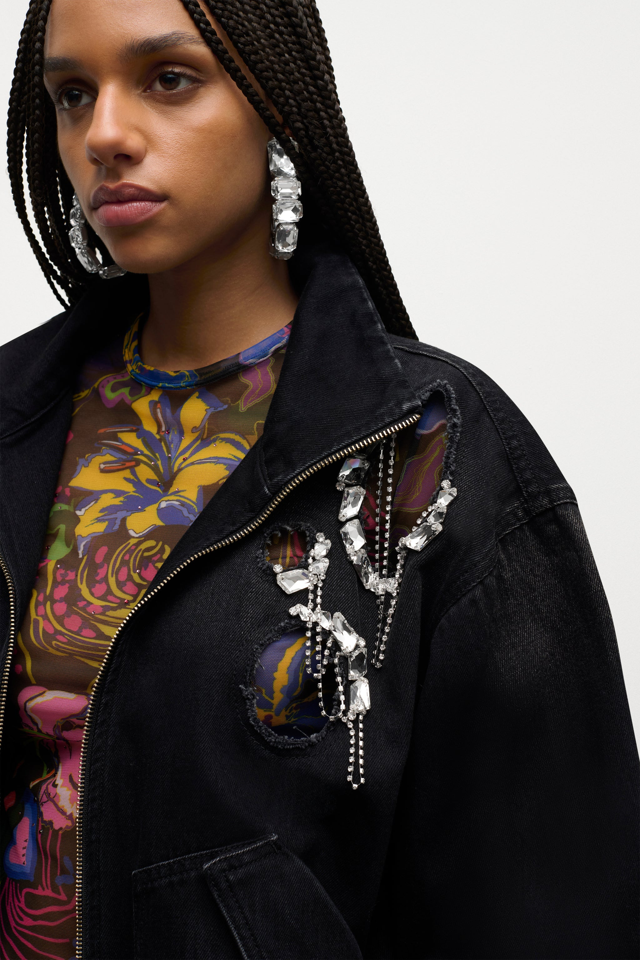 CRYSTAL CHAIN CUTOUT BOMBER JACKET - 5
