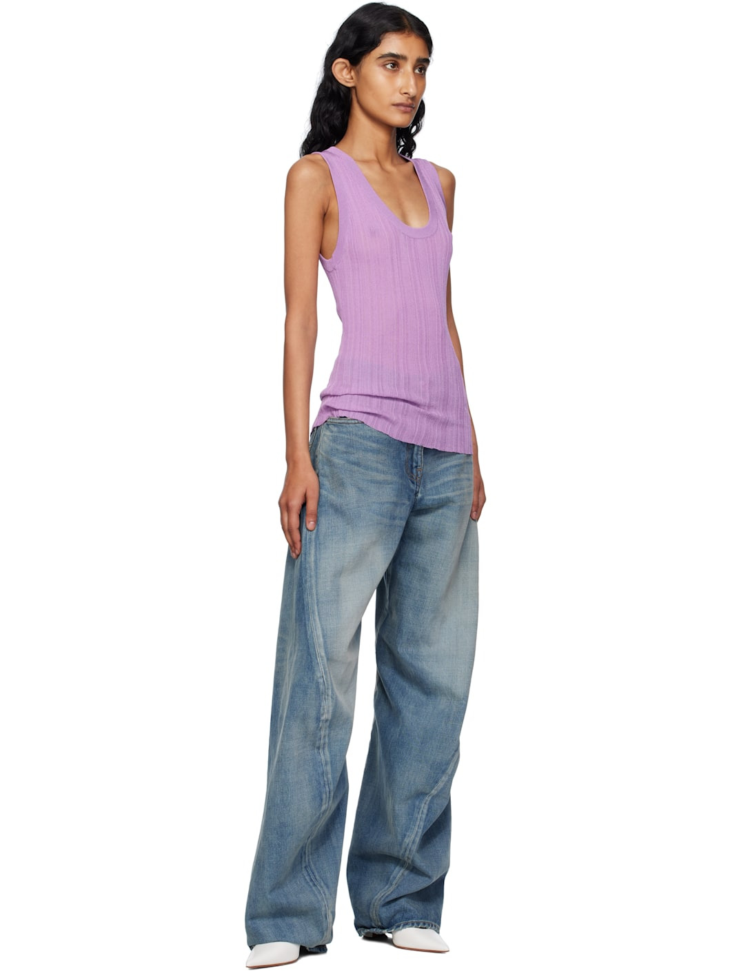 Purple Ribbed Knit Tank Top - 4
