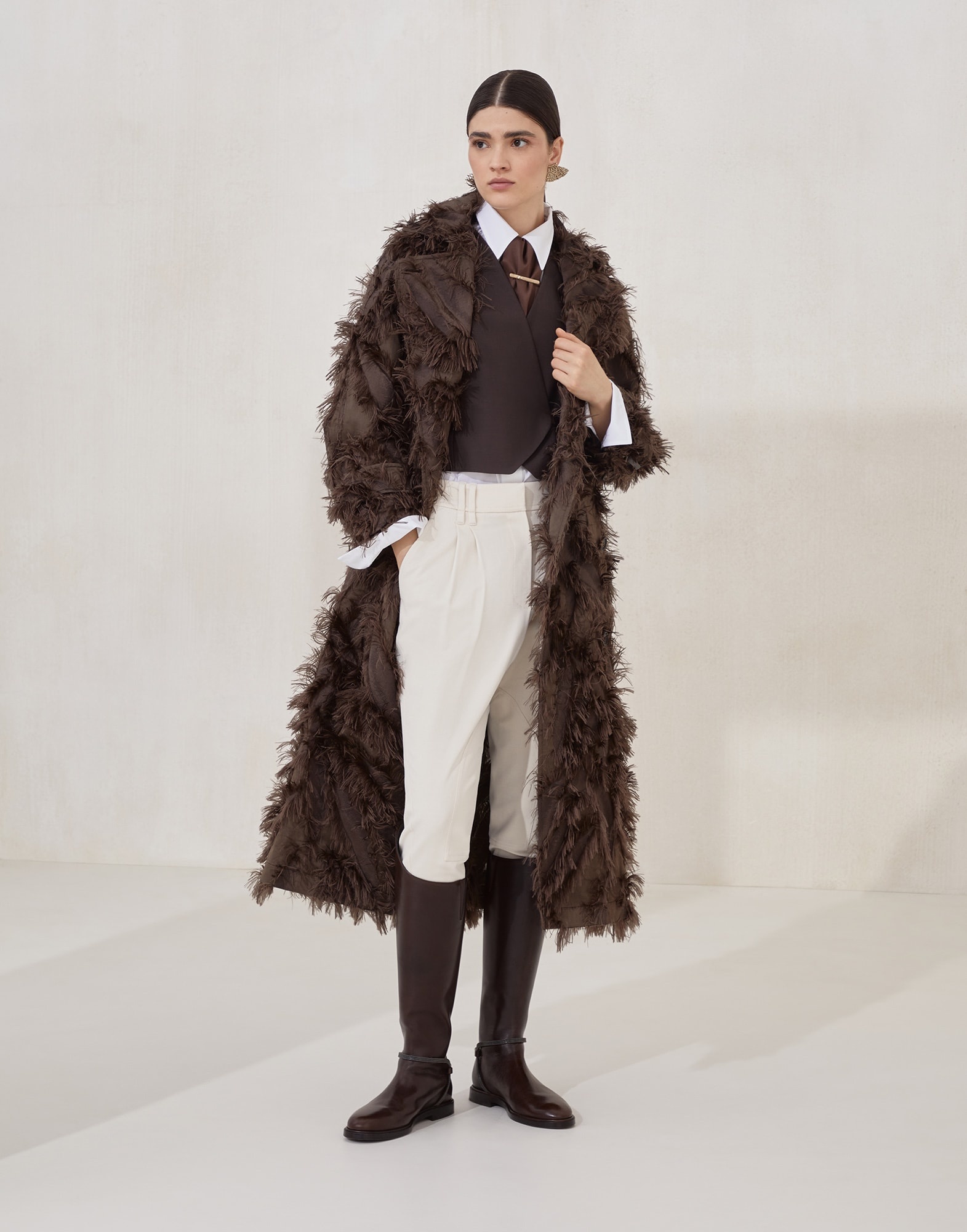 Dracaena fil coupé belted coat in techno cotton and silk with shiny cuff details - 5