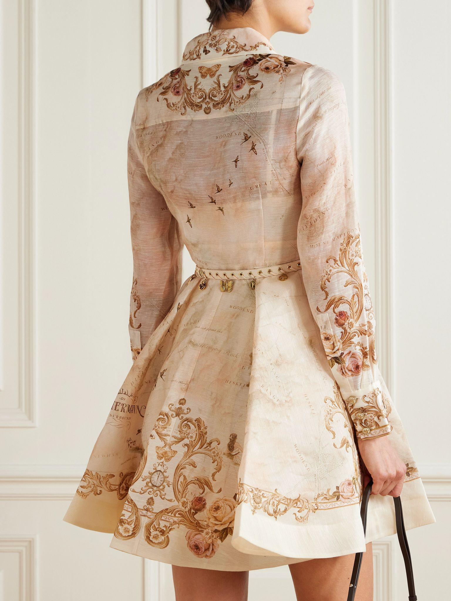 Belted printed linen and silk-blend mini dress Cream - 3