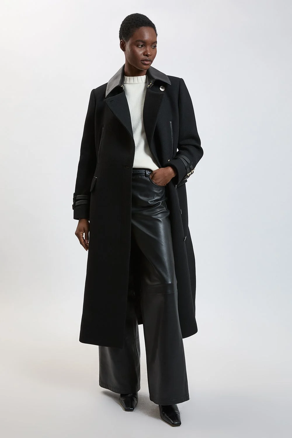 Wool PU Tipped Belted Midi Coat - 1