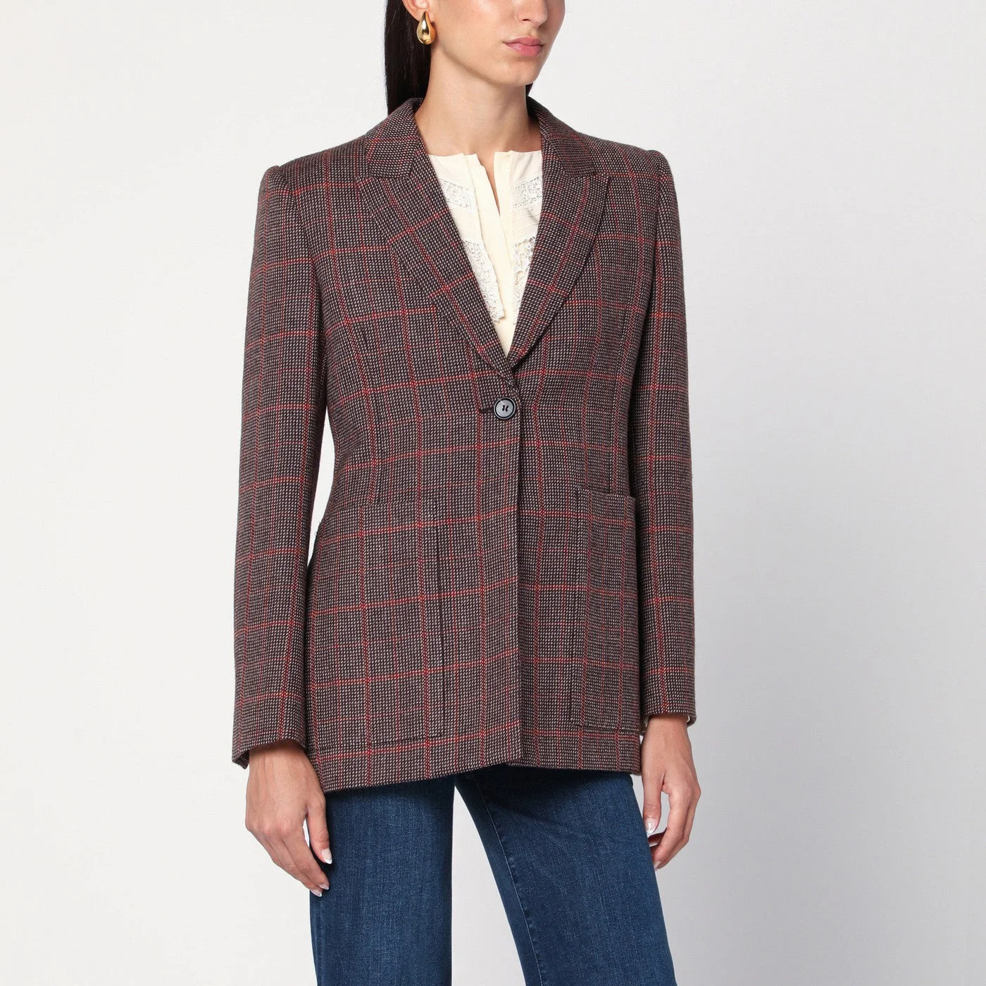 Single-breasted checked brown wool jacket - 1