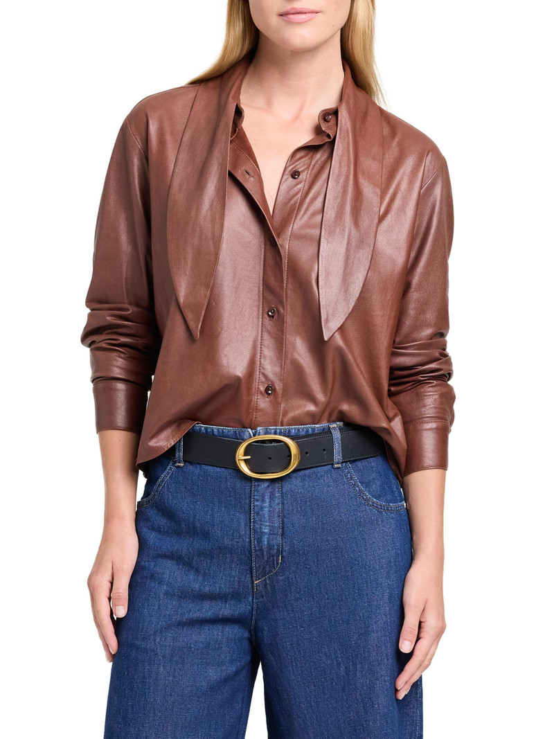 Women's Tieneck Leather Shirt - Cigar 3