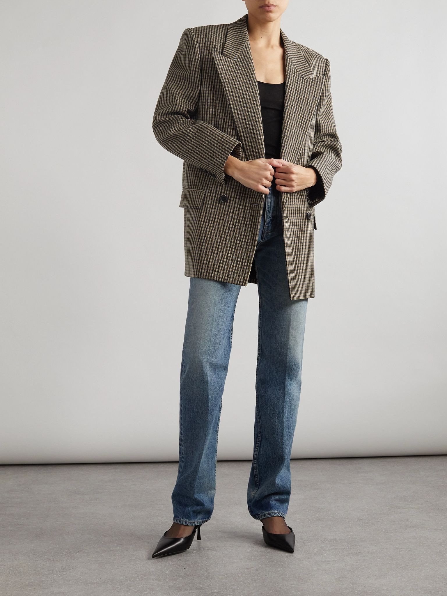 Double-breasted checked wool-blend blazer Beige - 2