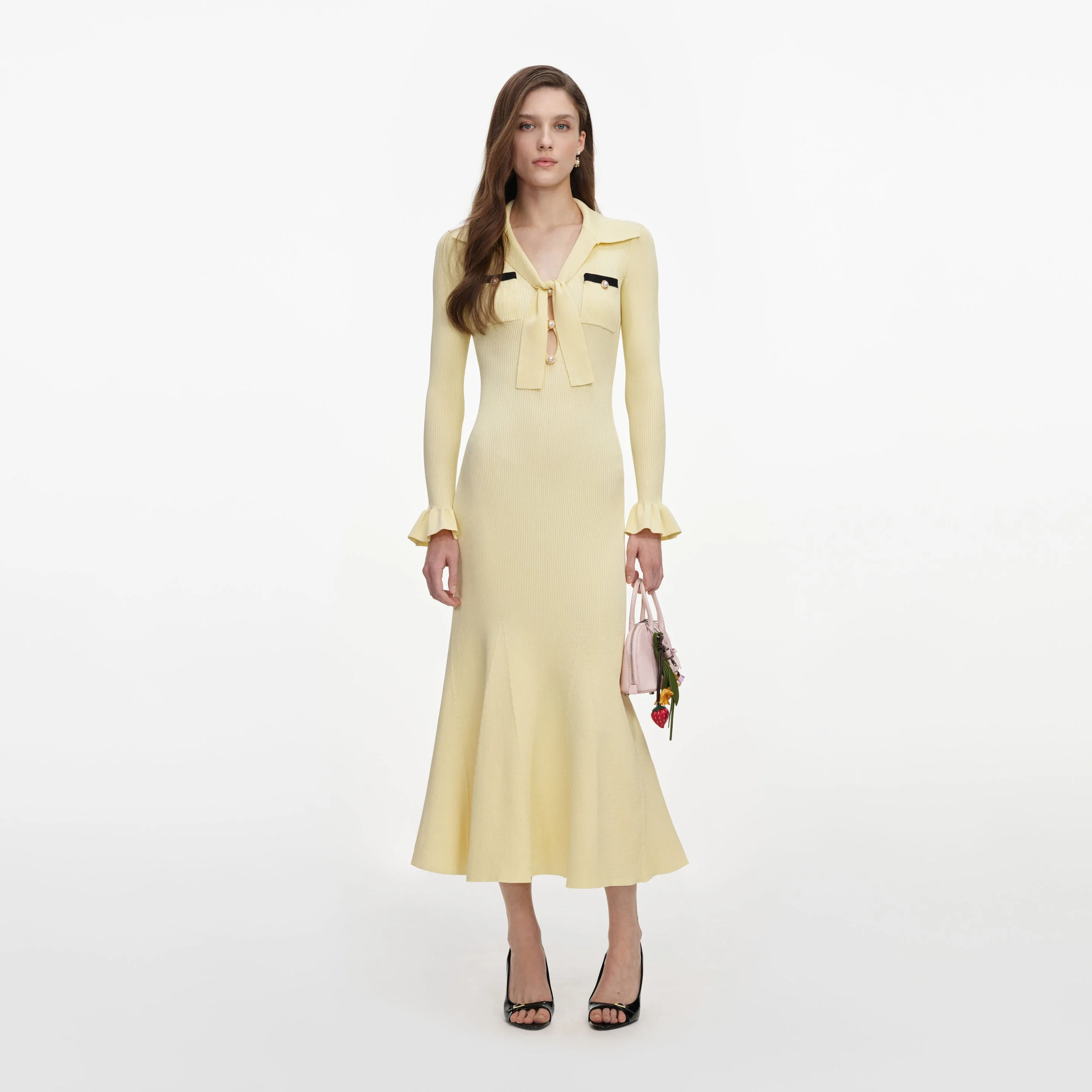 Yellow Viscose Knit Tie Midi Dress - 1