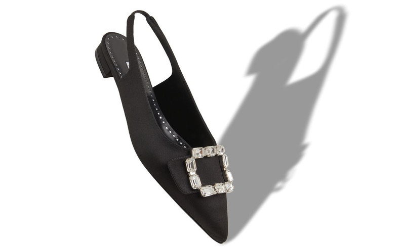Manolo Blahnik Black Satin Crystal Buckle Slingback Flat Pumps outlook