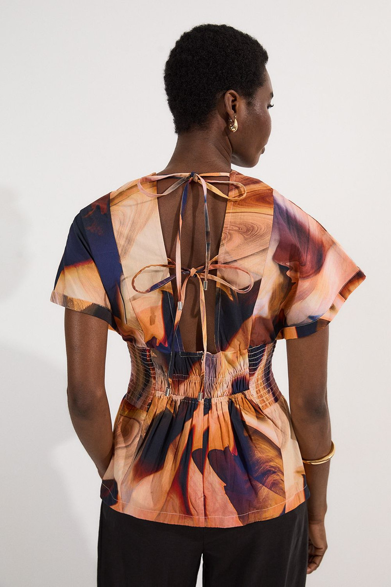 Shirred Cotton Printed Woven Plunge Neck Short Sleeve Top 3