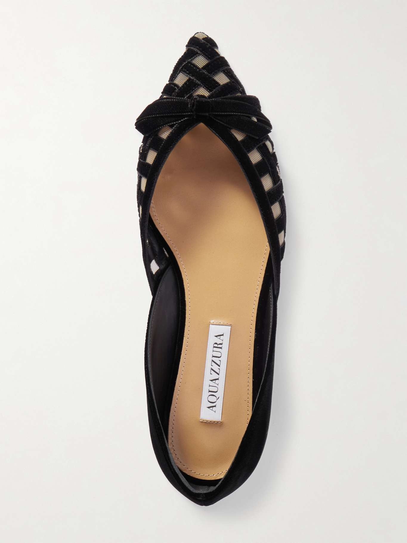 Romance bow-embellished mesh-trimmed velvet pointed-toe ballet flats - 5