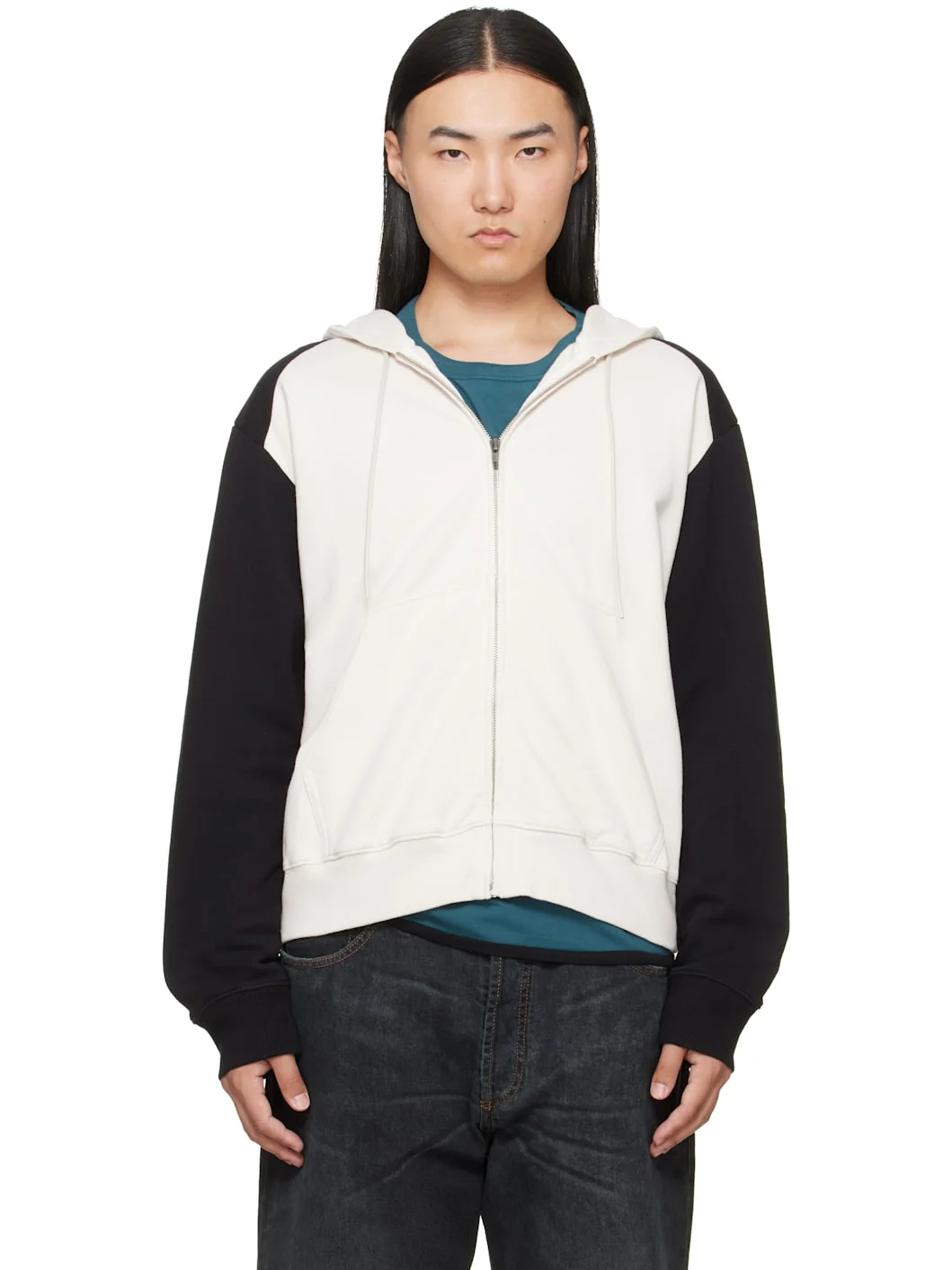 Off-White & Black Paneled Zip-Up Hoodie - 1