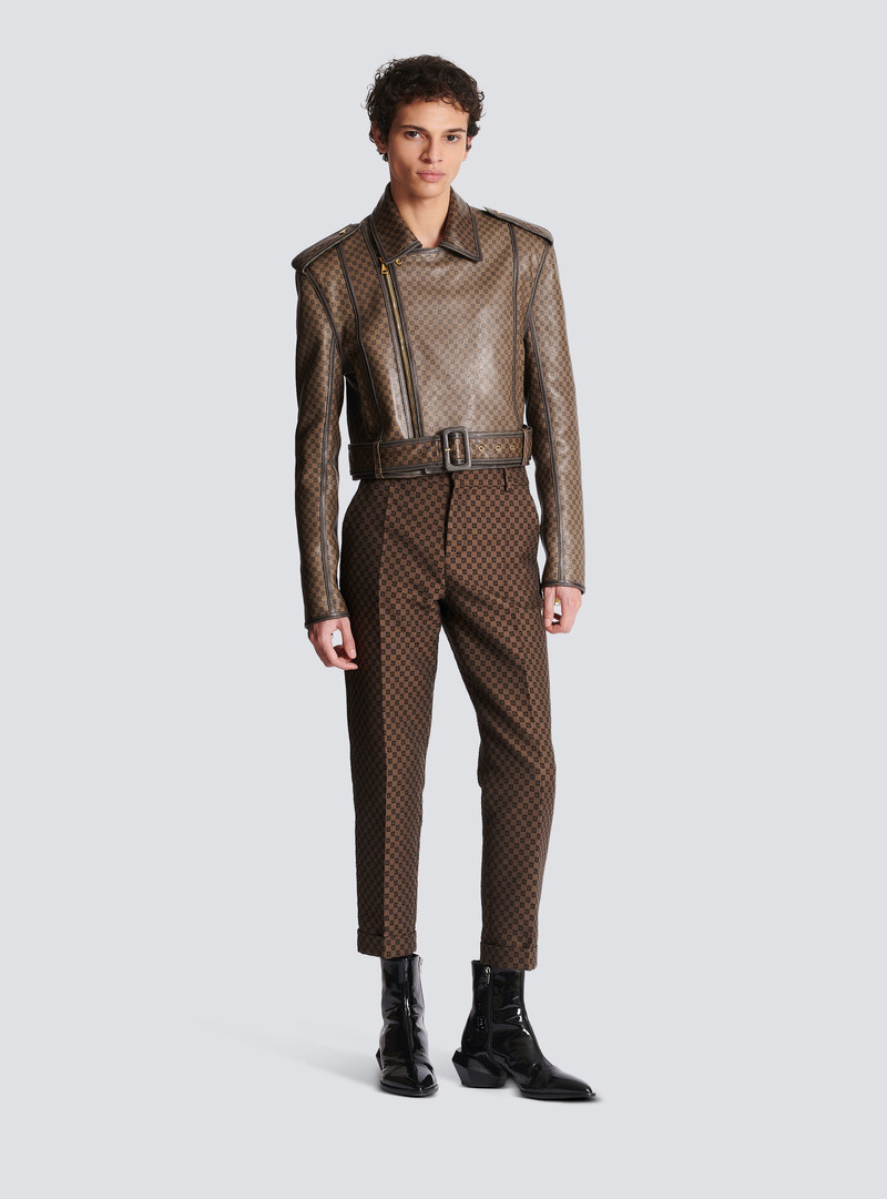 Balmain Leather biker jacket with mini monogram print outlook