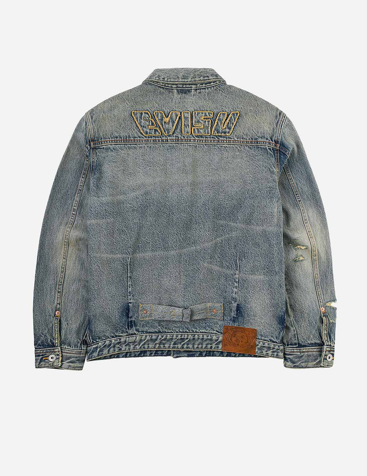 Distressed Seagull Print and Frayed Logo Patch Embroidery Relax Fit Denim Jacket - 4