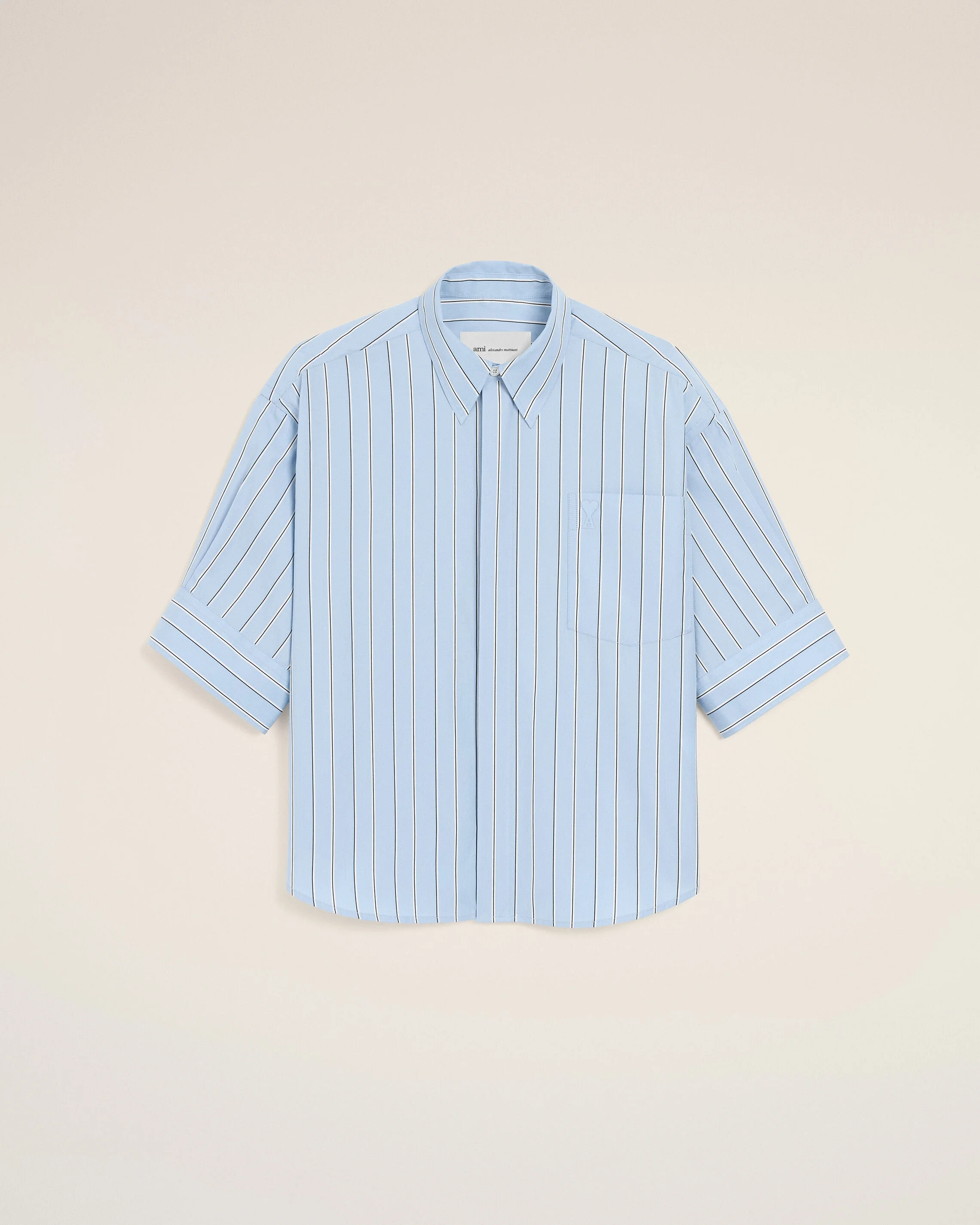 BLUE LARGE STRIPED COTTON SHORT-SLEEVE SHIRT WITH EMBOSSED LOGO - 1