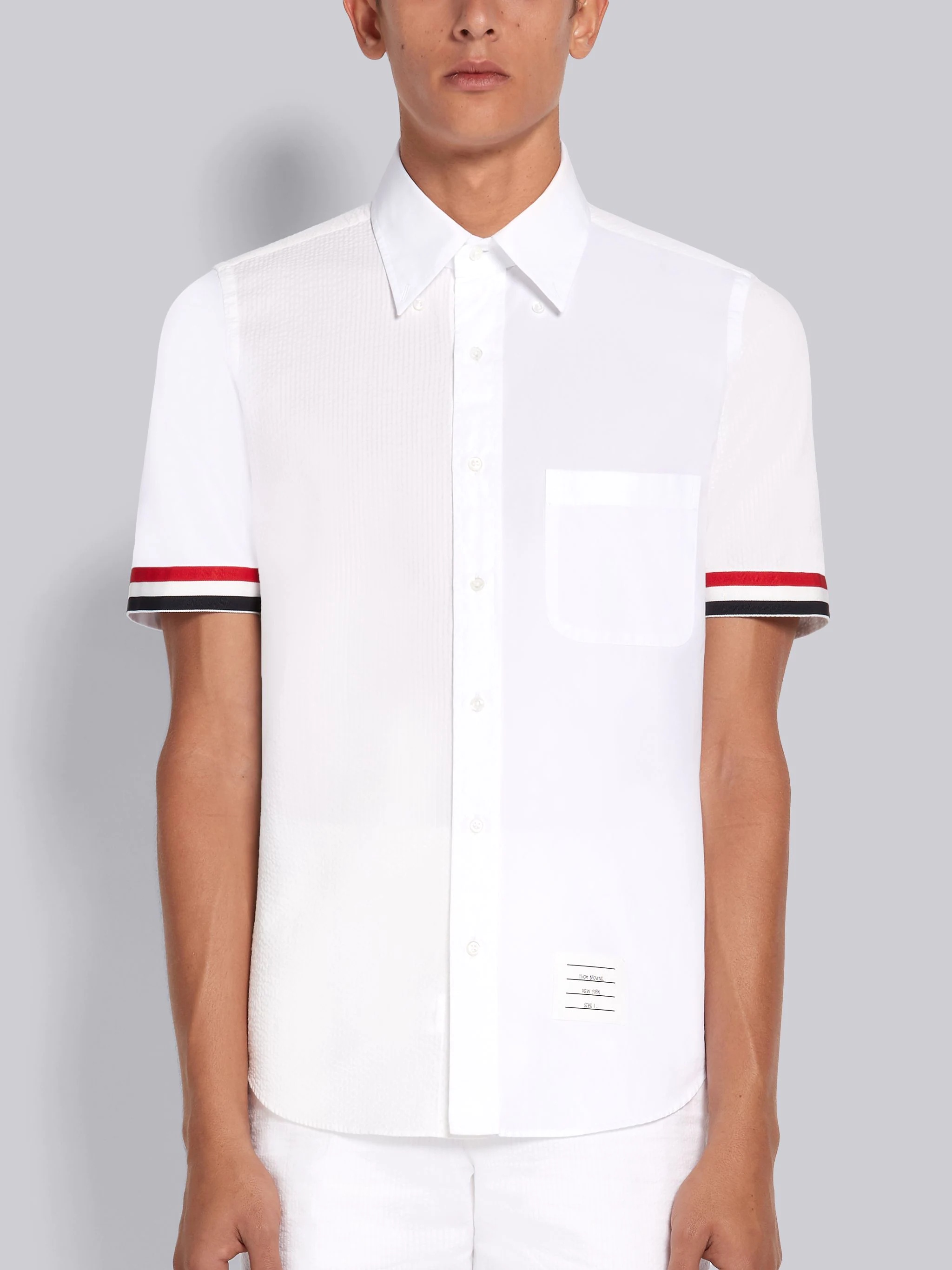 White Fun-Mix Cotton Seersucker Grosgrain Cuff Straight Fit Short Sleeve Shirt - 3