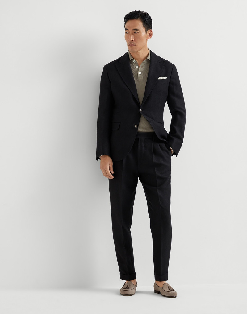 Linen, silk, wool and cotton textured stripe diagonal deconstructed blazer with large peak lapels an 5