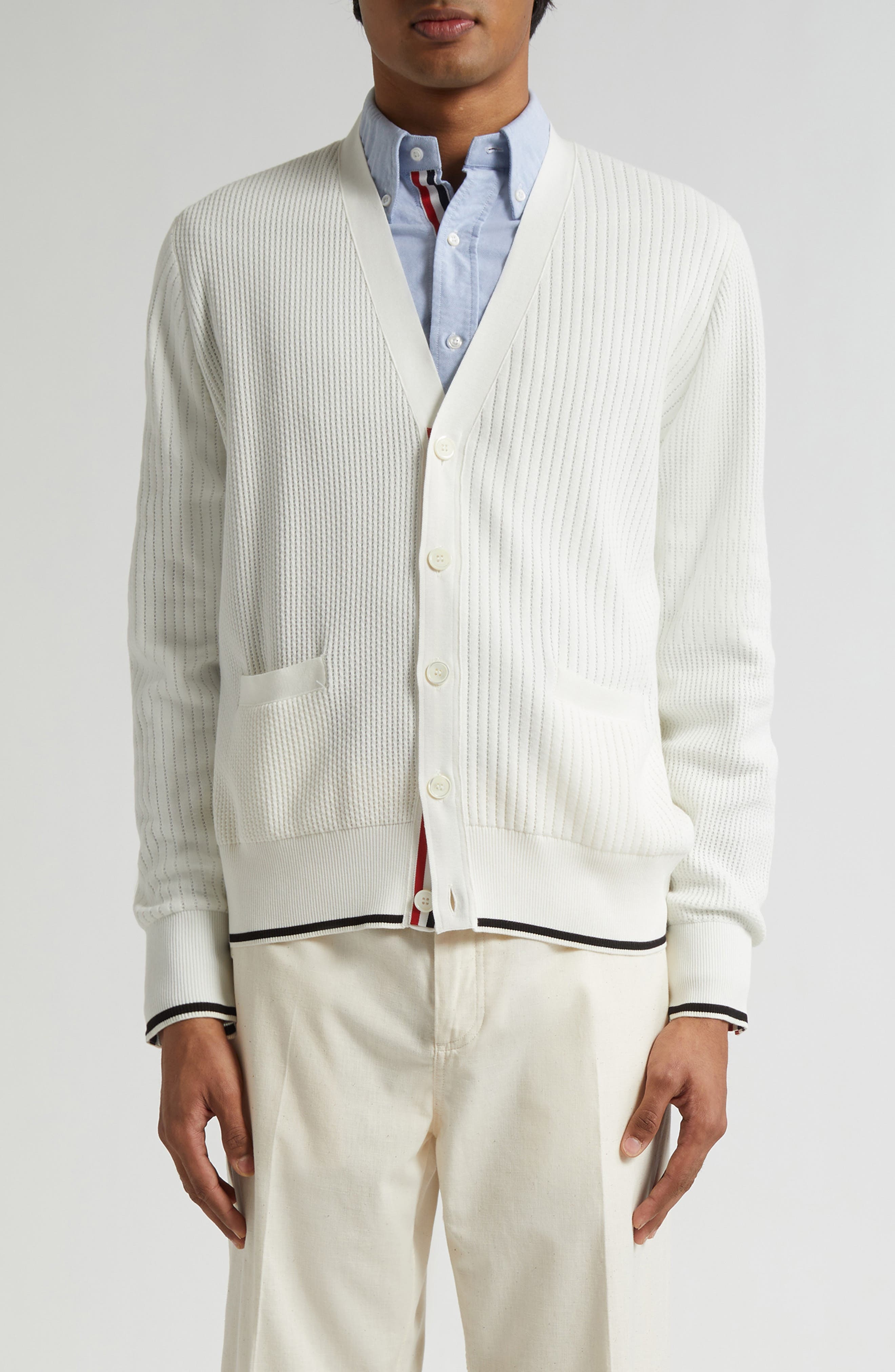 Thom Browne Mixed Stitch Cotton Cardigan in White at Nordstrom - 1