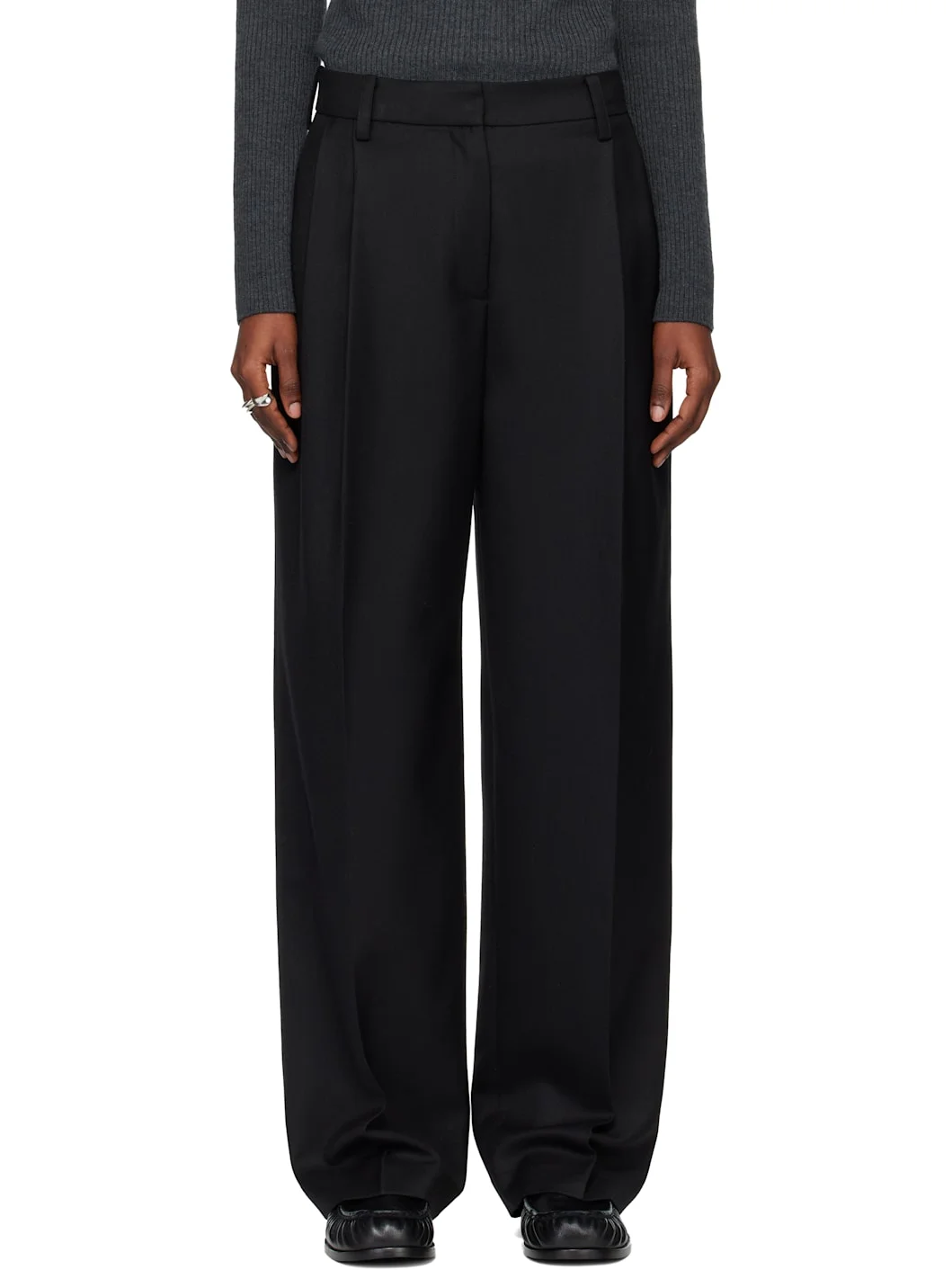 Black Pleated Wool Tailored Trousers - 1