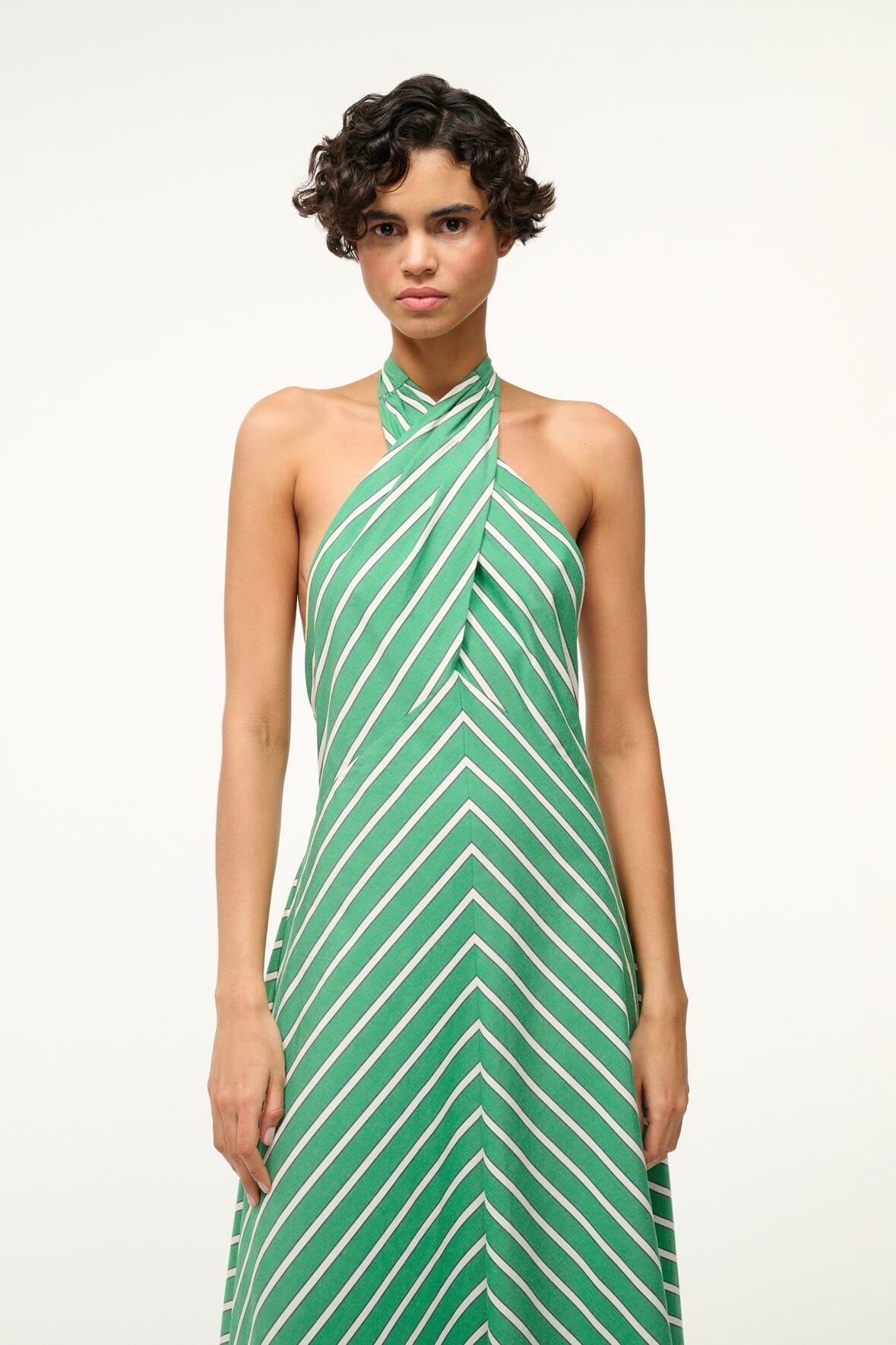 green emerald velvet dress Staud // White & Green Striped Back Cutout Dress  VSP Consignment