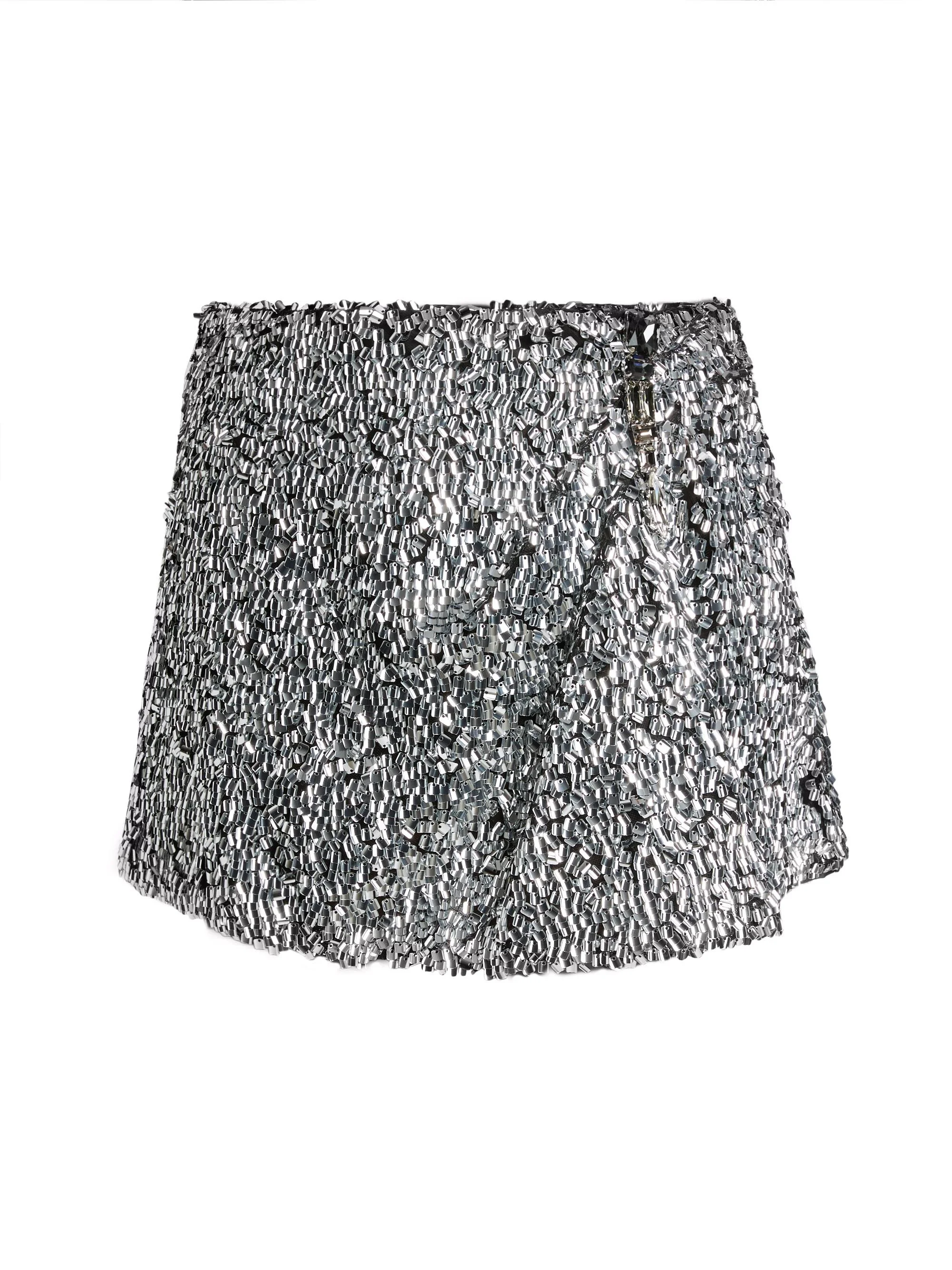 Women's Metallic Beaded Miniskirt - Silver - 1