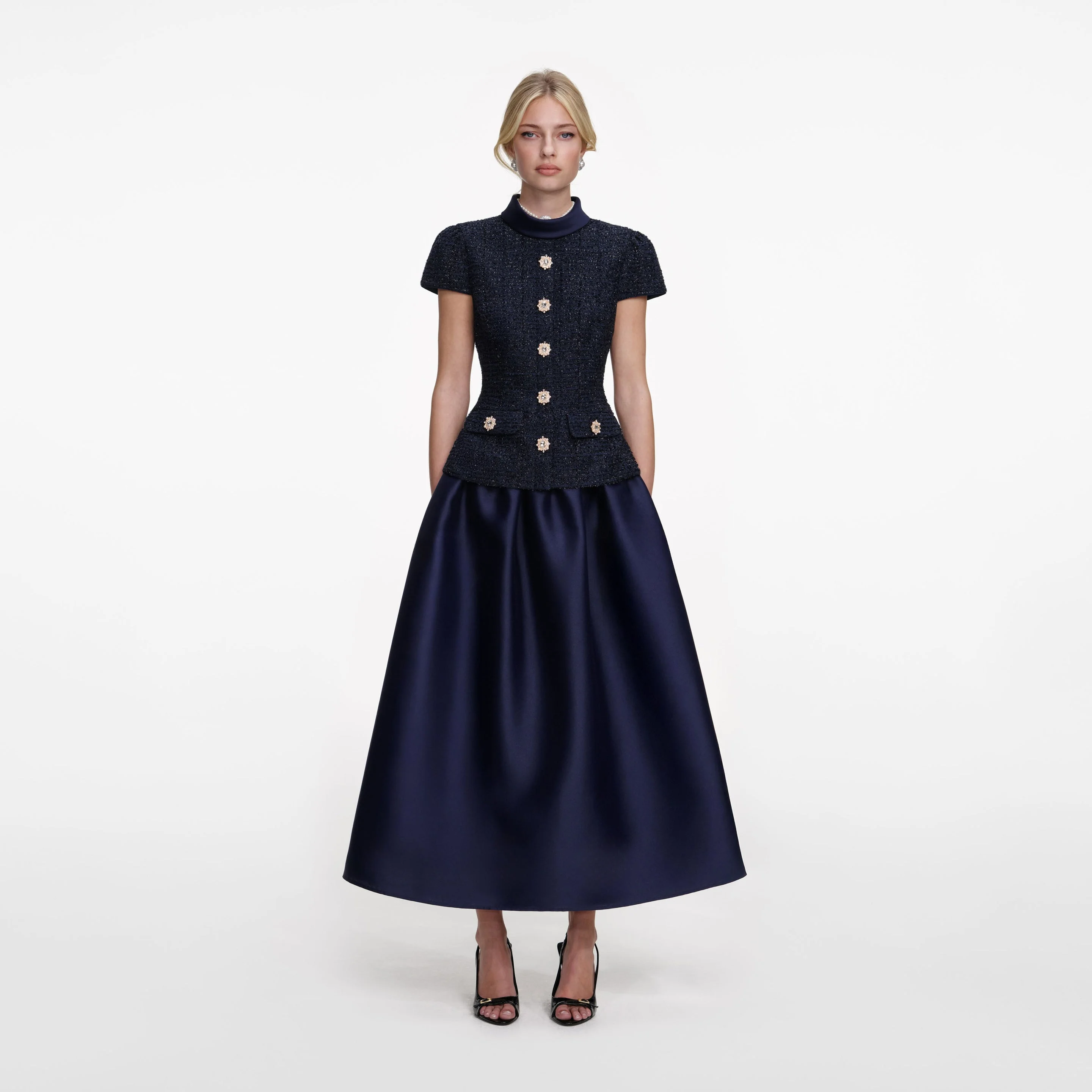 Navy Metallic Boucle Taffeta Midi Dress - 1