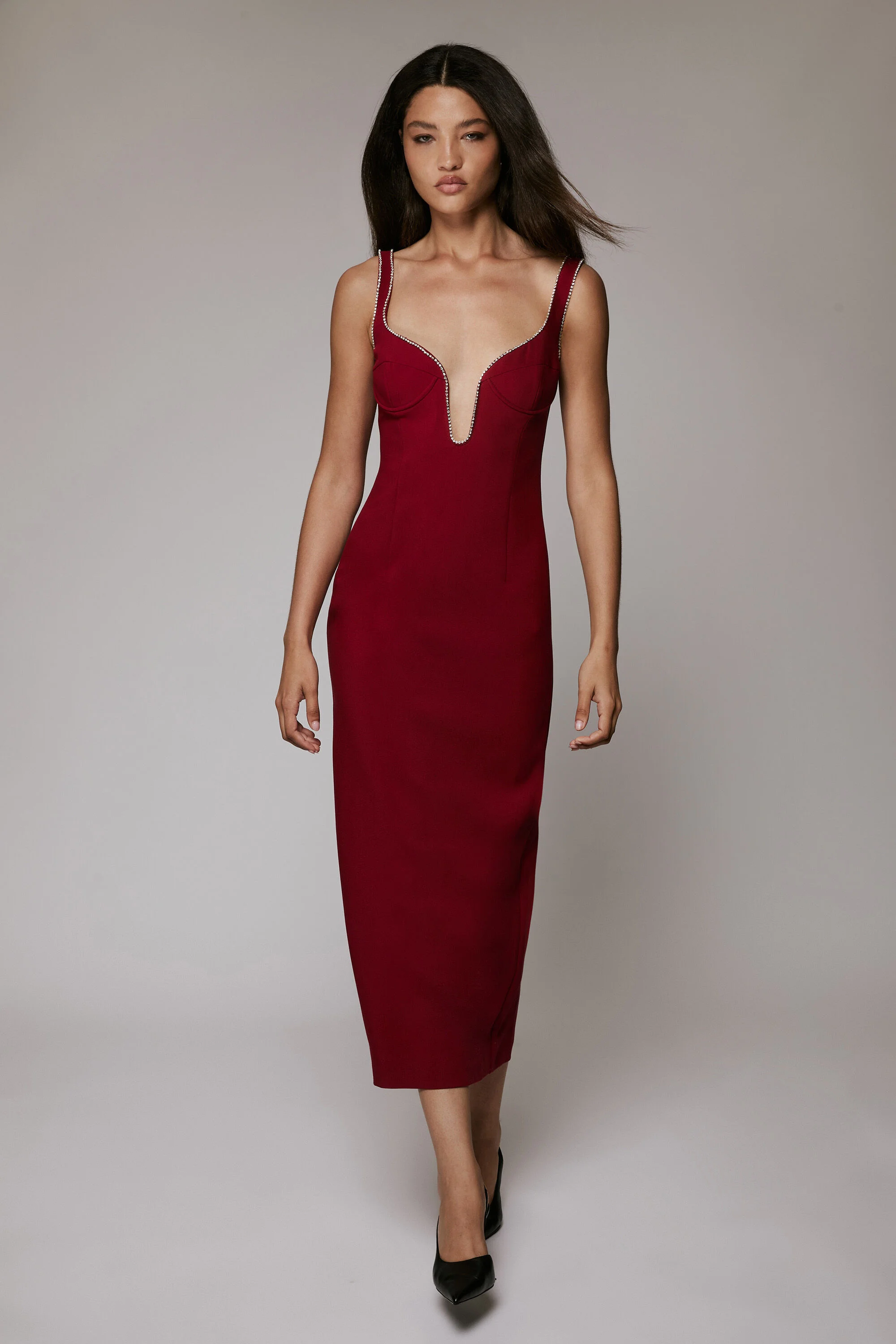 Brooklyn Diamonte Midi Dress In Burgundy - 1