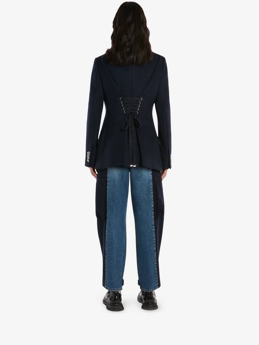 Silver Metal Eyelets Peacoat in Navy - 4