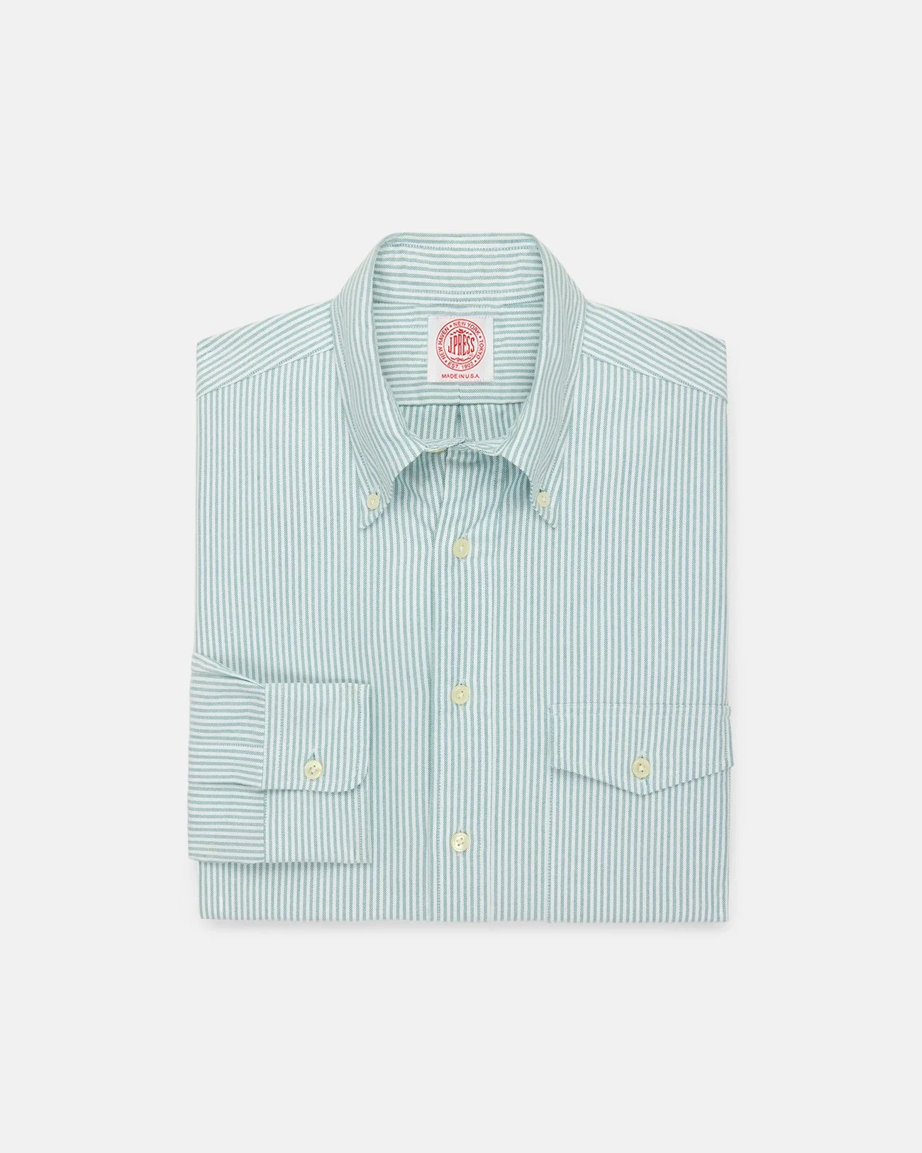 MADE-IN-USA FLAP POCKET GREEN UNIVERSITY STRIPE OXFORD CLOTH BUTTON DOWN SPORTSHIRT - CLASSIC FIT - 1