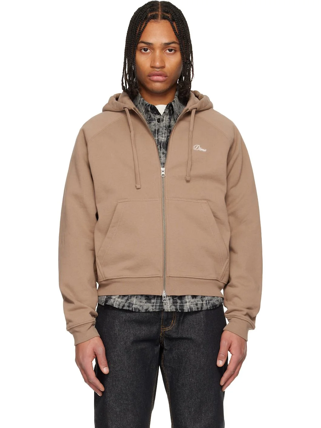 Taupe Cursive Small Logo Zip Hoodie - 1