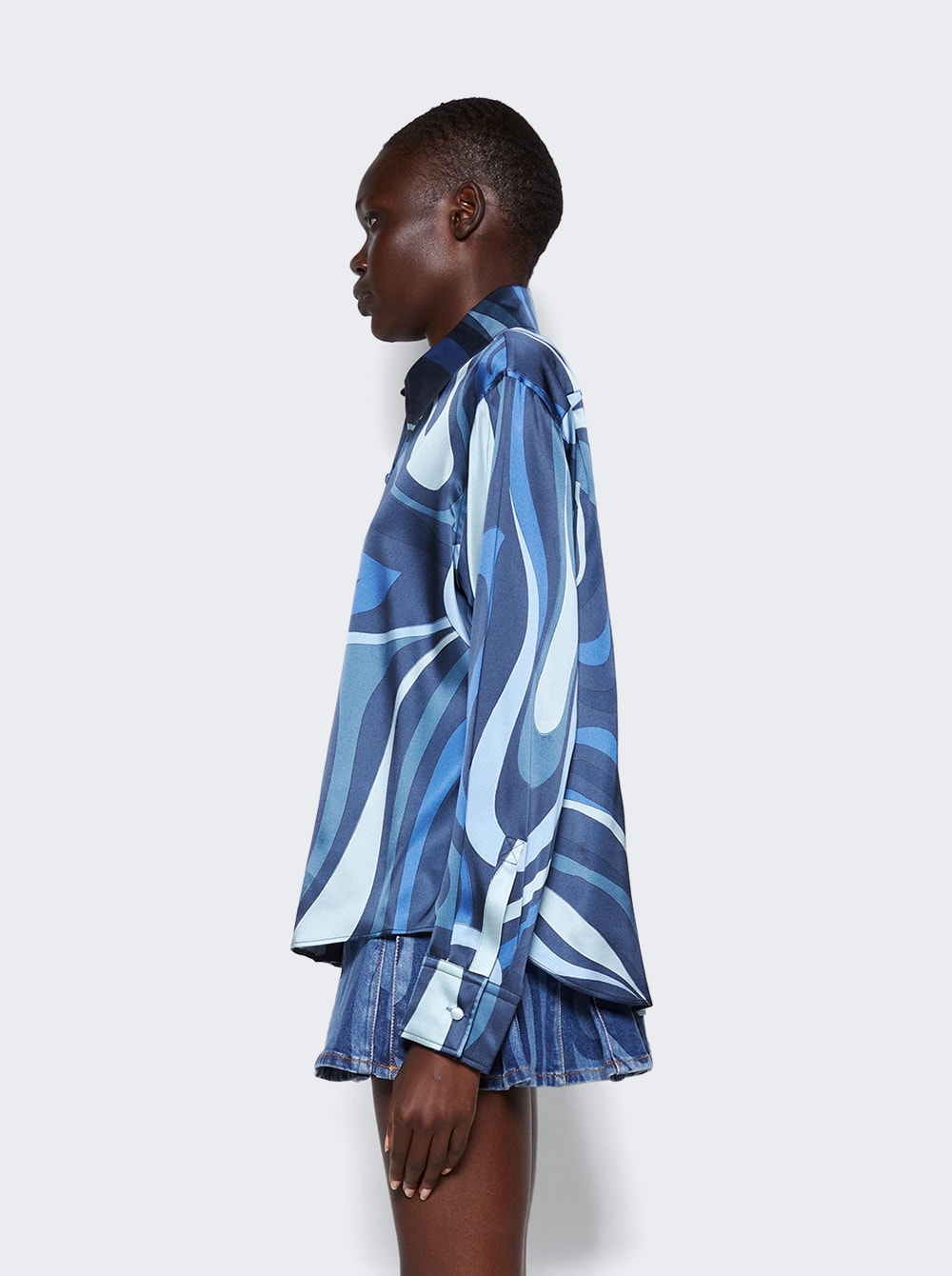 Marmo-Print Silk Long Sleeve Shirt Indigo Blue - 4