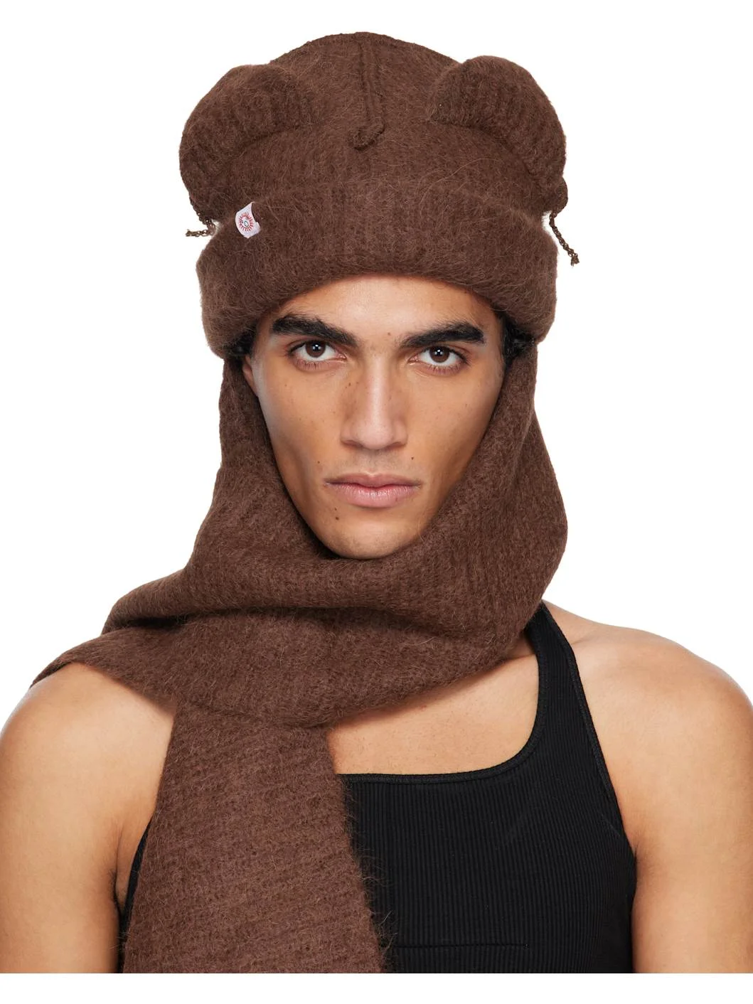 Brown Alpaca Chunky Ears Scarf Beanie - 1