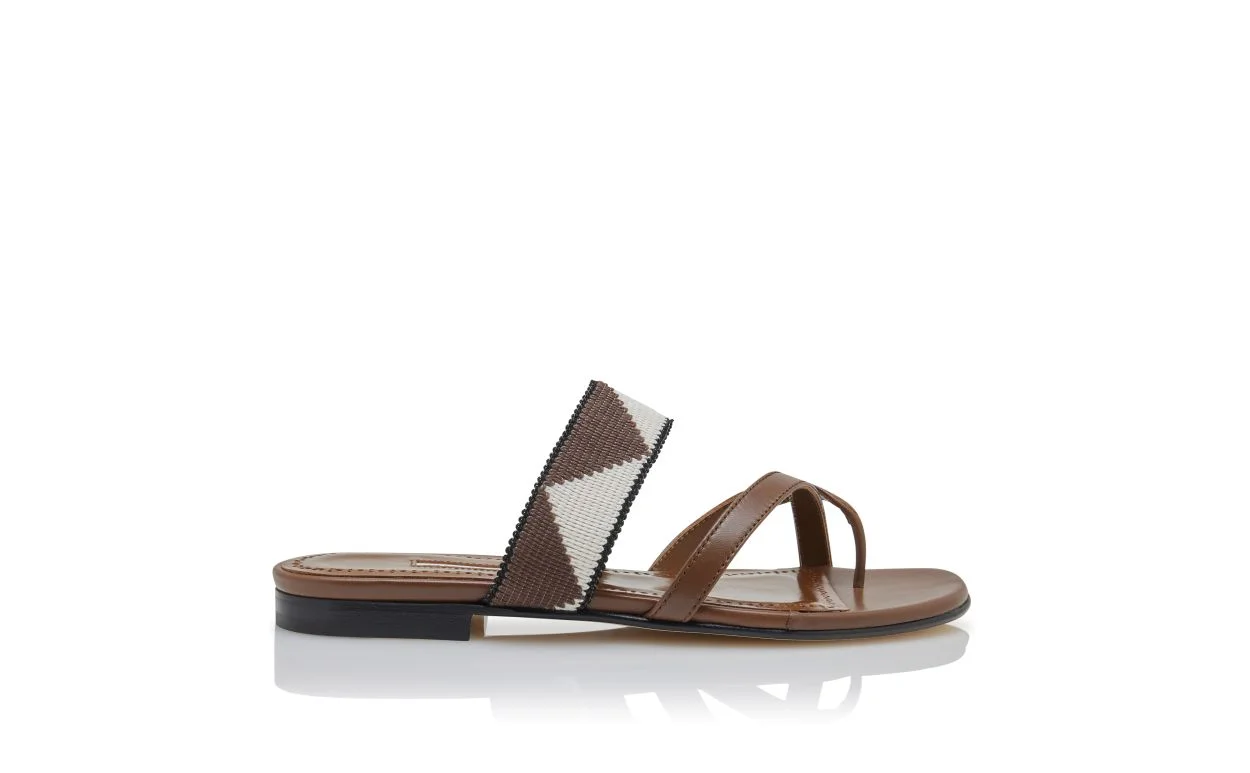 Brown and Cream Cotton Crossover Flat Sandals - 1