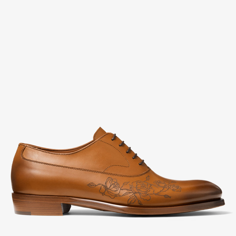 Vine Lace Up Tan Vintage Effect Leather Lace-Up Shoes with Rose Motif 1