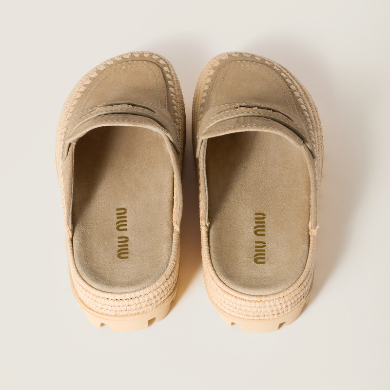 Miu Miu Suede and raffia flatform mules outlook