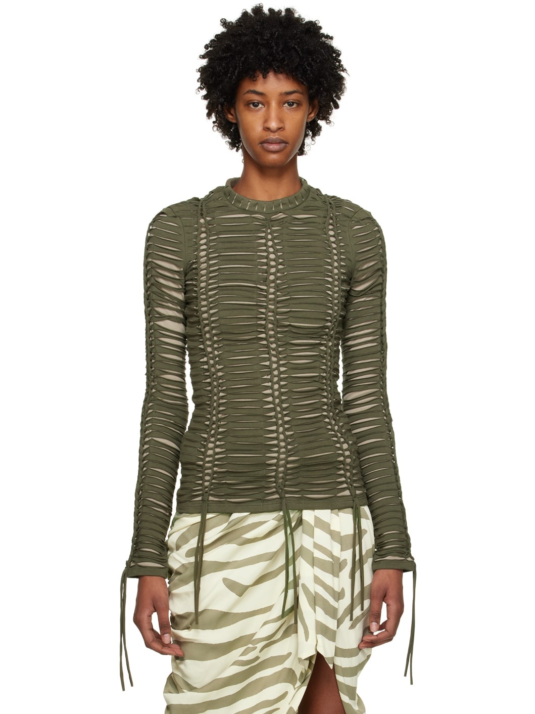Khaki Knotted Long Sleeve T-Shirt - 1