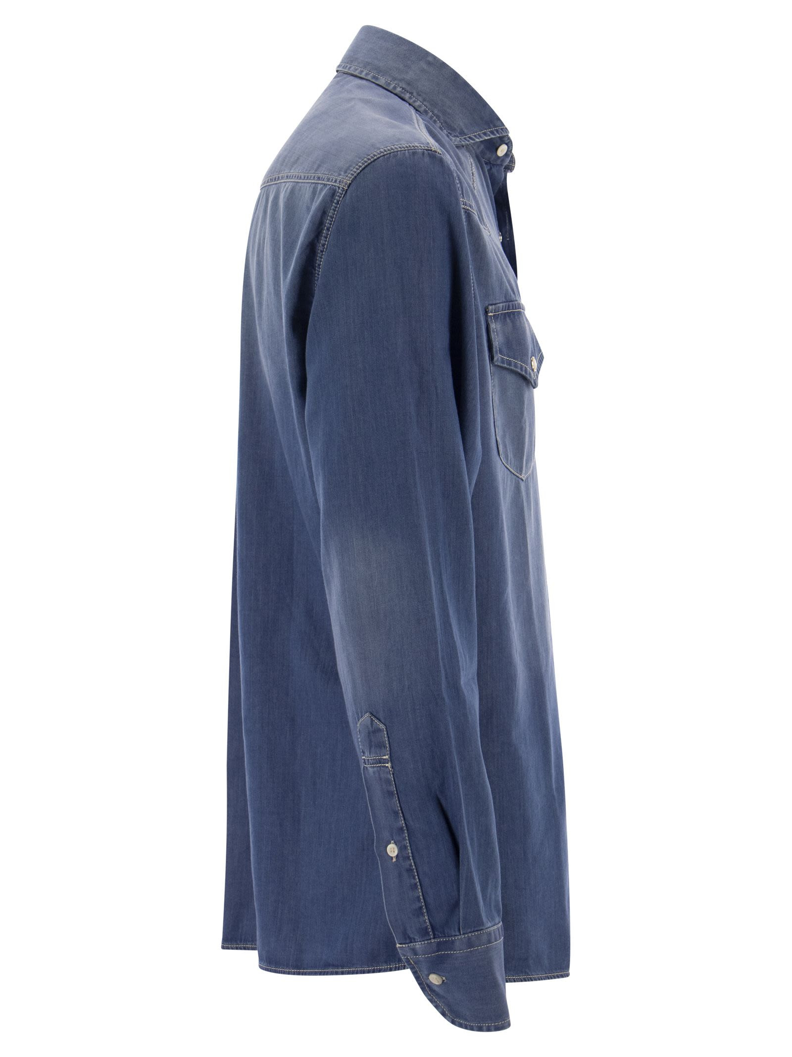 Brunello Cucinelli Men Easy Fit Shirt In Light Denim With Press Studs - 3