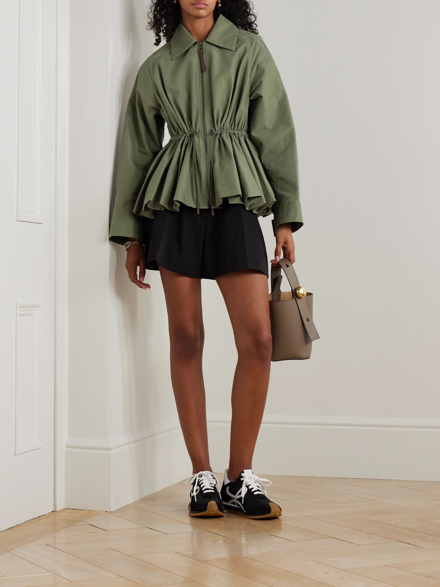 Leather-trimmed cotton-blend peplum jacket Green - 2
