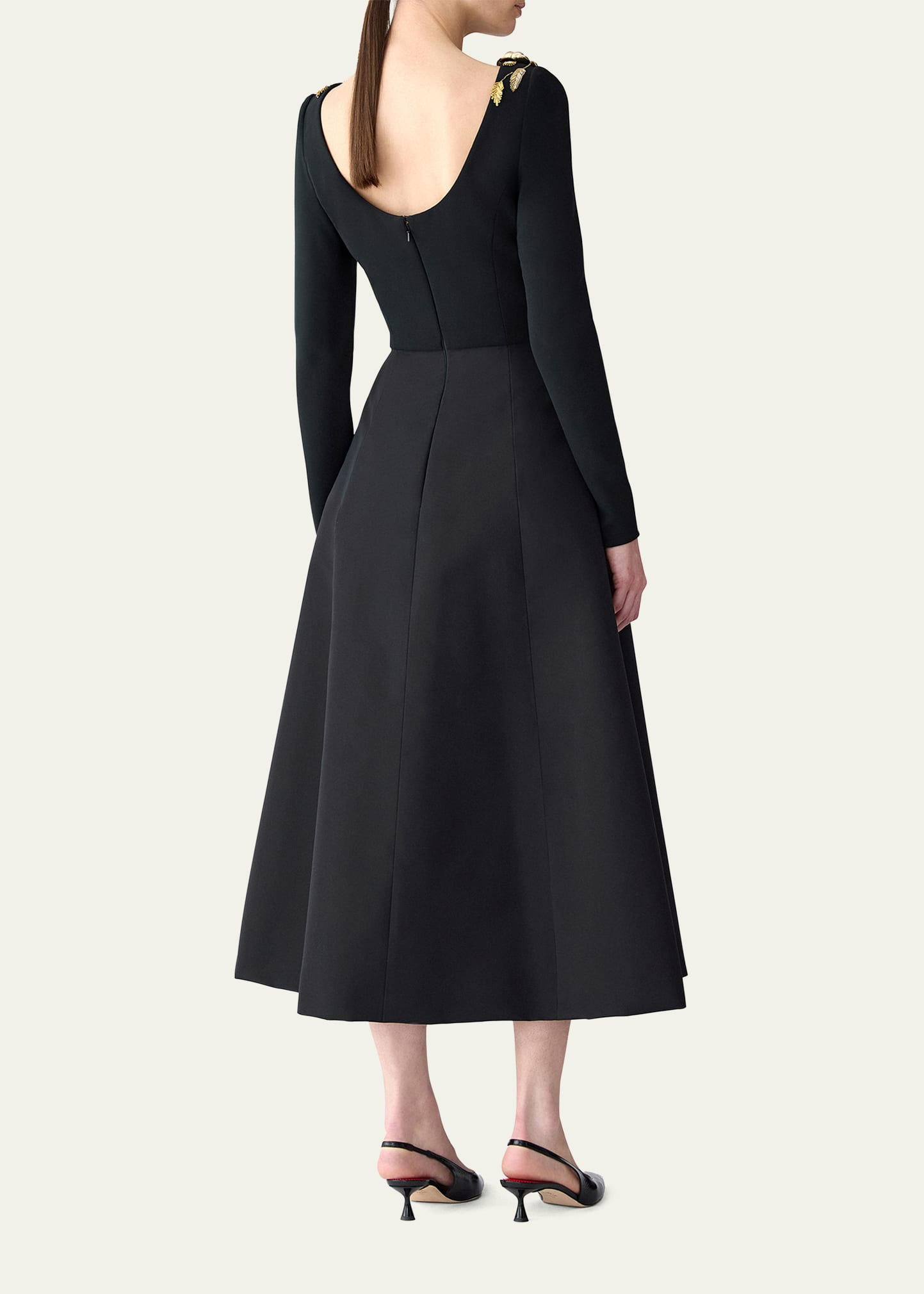 3D Floral Embellished Long-Sleeve Midi Dress - 3