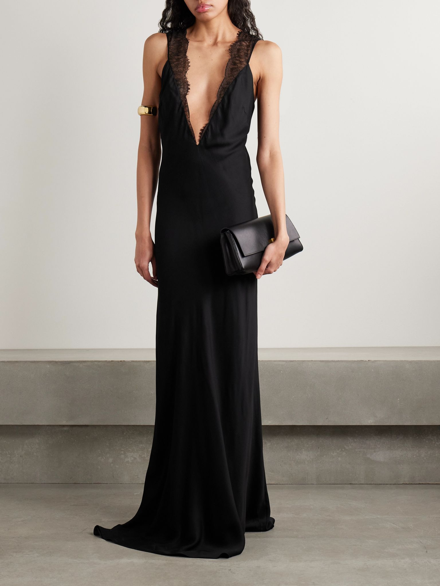 The Malone lace-trimmed twill gown Black - 2