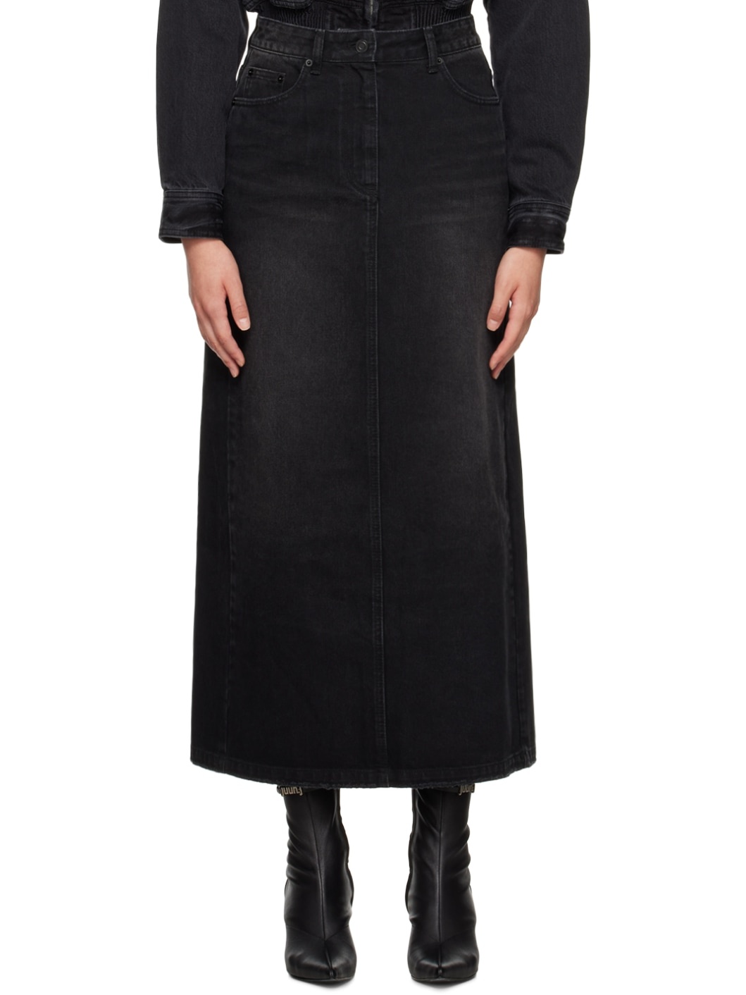Black Faded Denim Maxi Skirt - 1