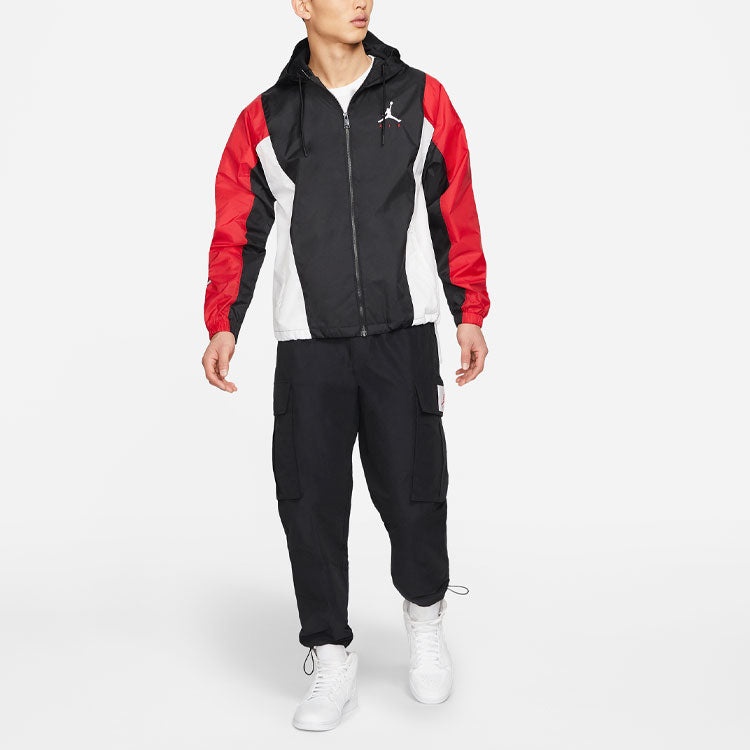 Men's Air Jordan Windproof Casual Sports Colorblock Hooded Training Logo Woven Jacket Autumn Black D - 3