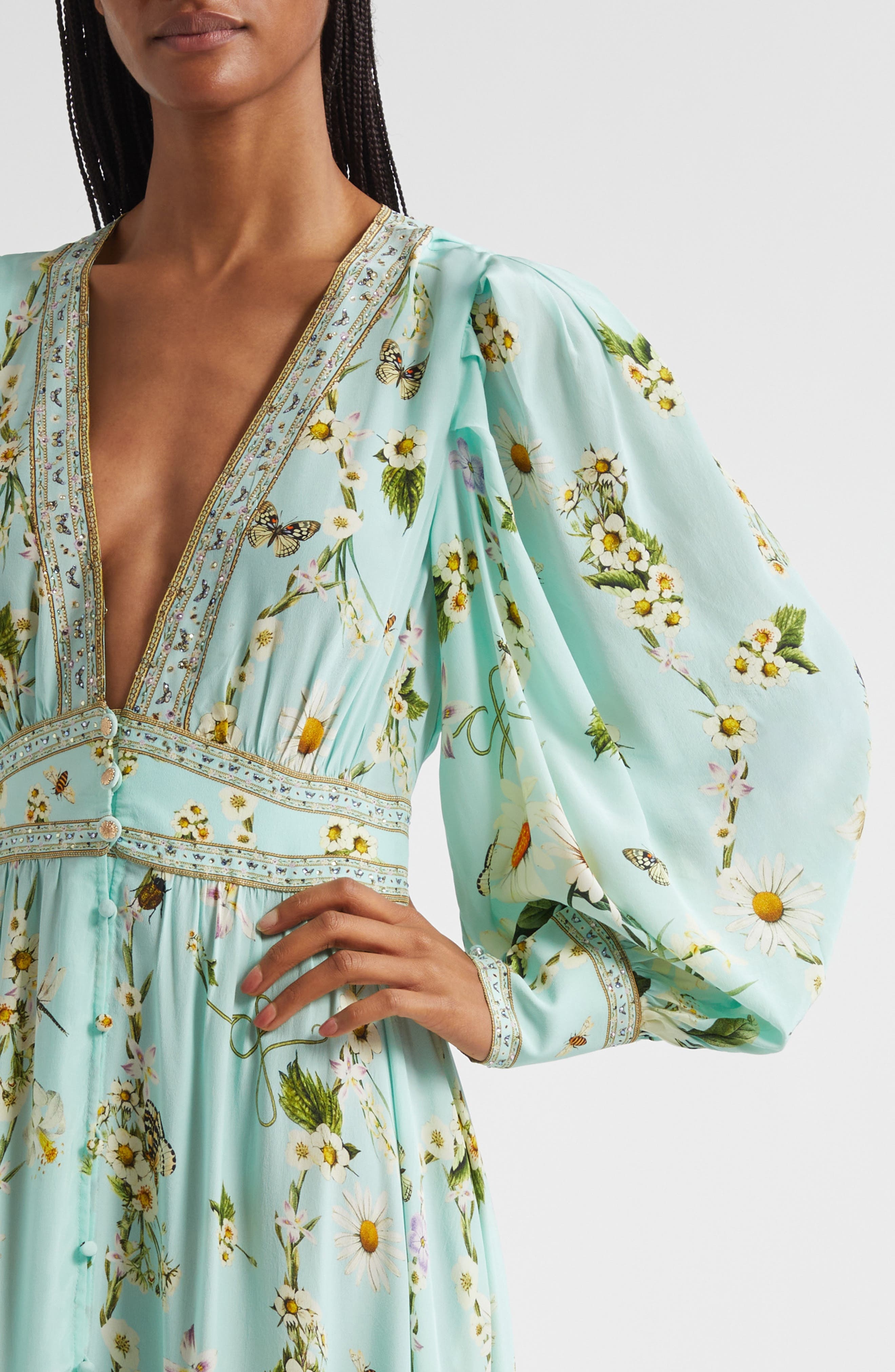 Camilla Floral Freefall Plunge Neck Long Sleeve Silk Crepe Maxi Dress at Nordstrom - 4