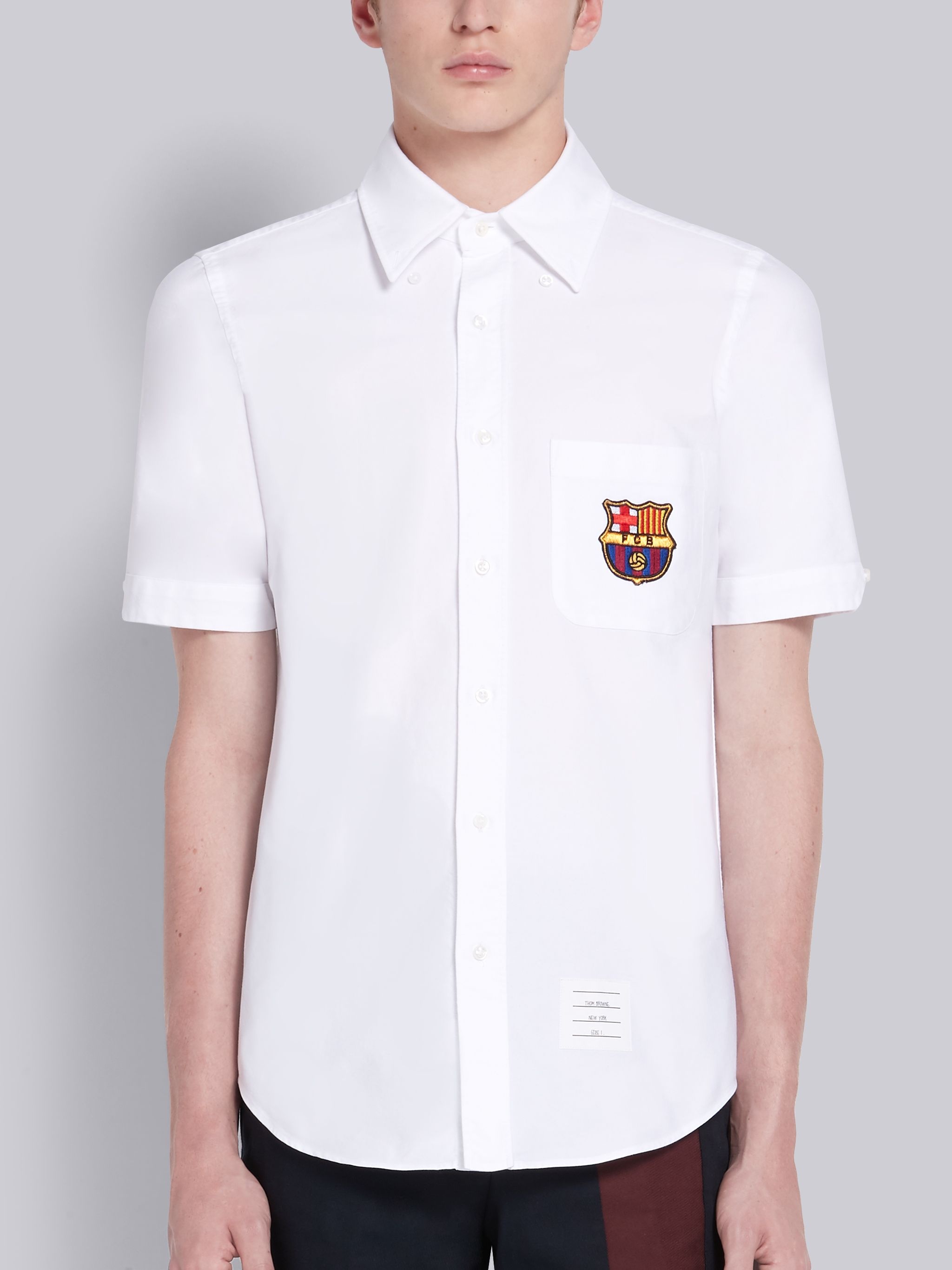 White Cotton Oxford FC Barcelona Patch Classic Short Sleeve Shirt - 3